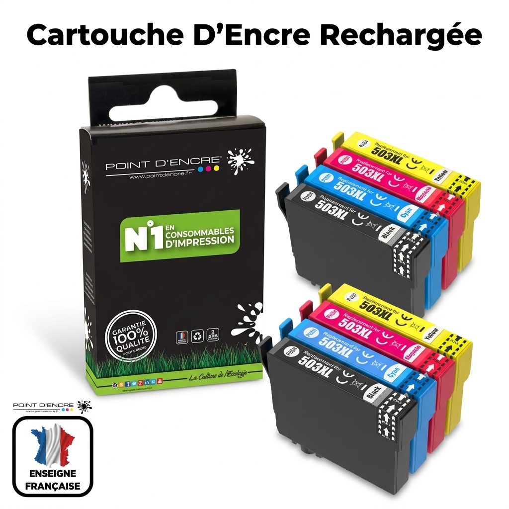 503XL - Piments - 2 X Pack de 4 Cartouches D'encre Noir/Cyan/Magenta/ Jaune - Grande capacité de Marque Française POINT D'ENCRE Pour imprimante compatible EPSON (cee)