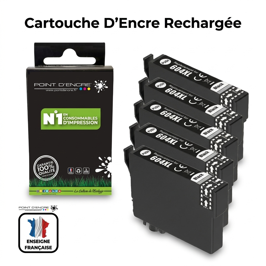 604XL - Ananas - 6 X NOIR - Grande capacité de Marque Francaise POINT D'ENCRE Pour imprimante compatible EPSON (cee)