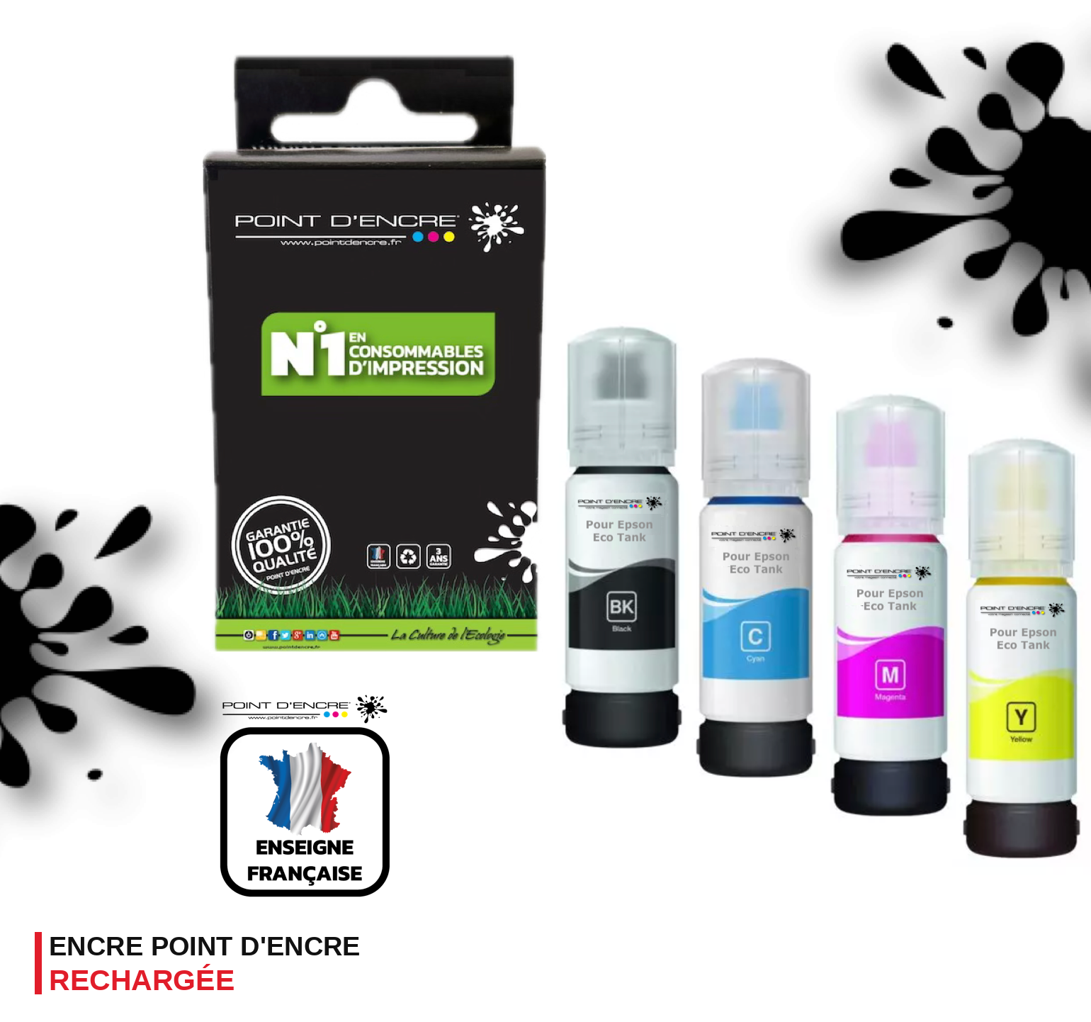 103 / C13T00S64A - Pack de 4 bouteilles D'encre Noir/Cyan/Magenta/ Jaune - Grande capacité de Marque Francaise POINT D'ENCRE Pour imprimante compatible EPSON (eep)