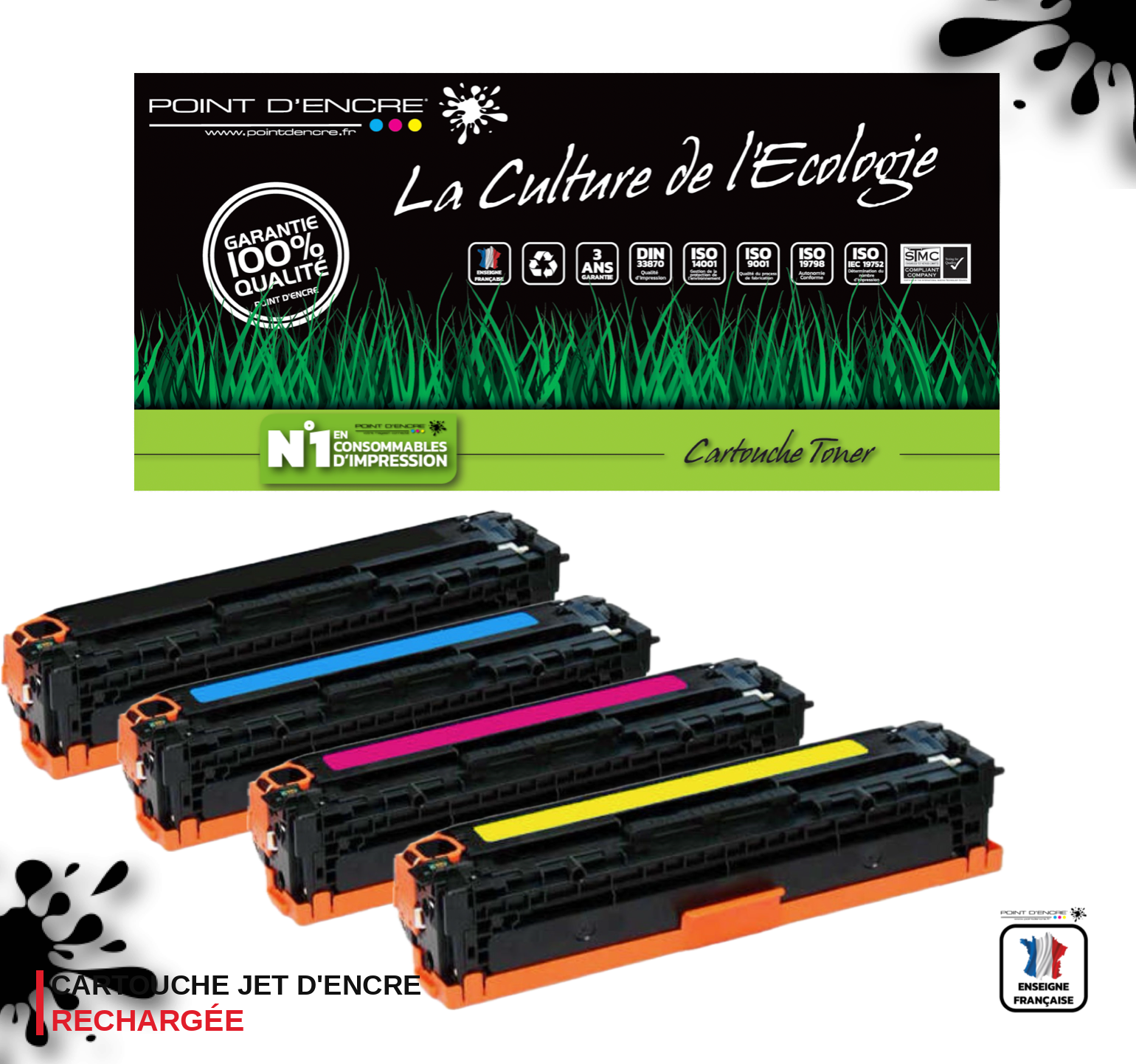 045H / 054H - 4 Cartouches NOIR / CYAN / MAGENTA / JAUNE - Grande capacité Marque Francaise POINT D'ENCRE pour Imprimantes compatibles Canon (clca)