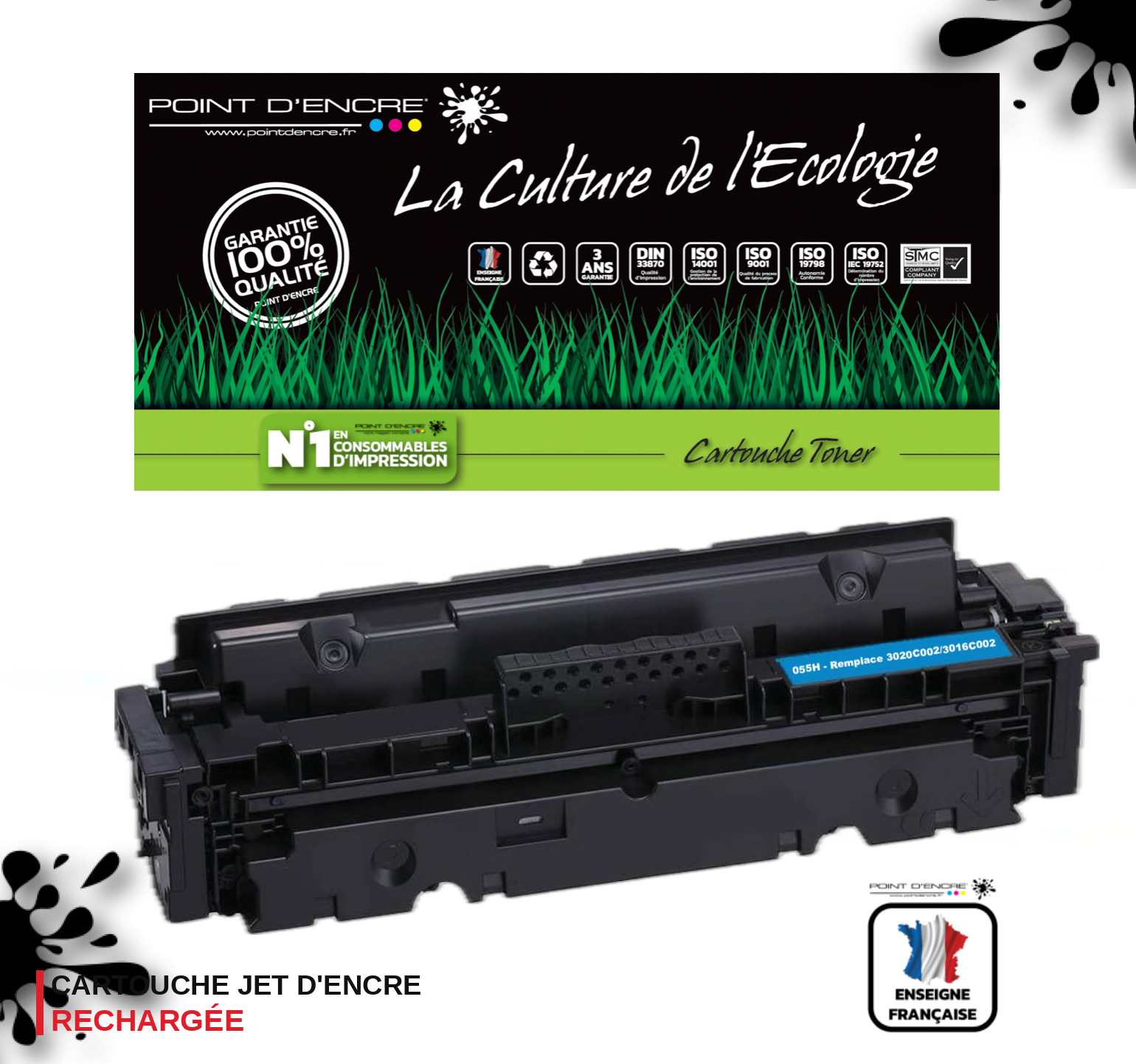 055H / 055 / 3020C002 - CYAN - Grande capacité Marque Francaise POINT D'ENCRE pour Imprimantes compatibles Canon (clca)