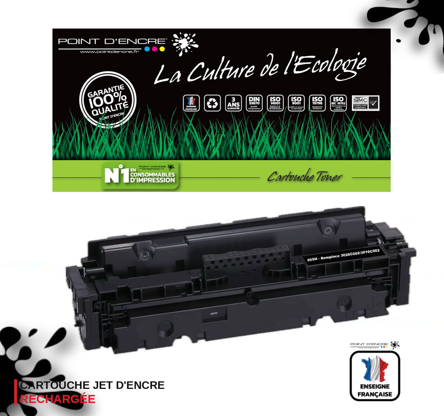055H / 055 / 3020C002 - NOIR - Grande capacité Marque Francaise POINT D'ENCRE pour Imprimantes compatibles Canon (clca)
