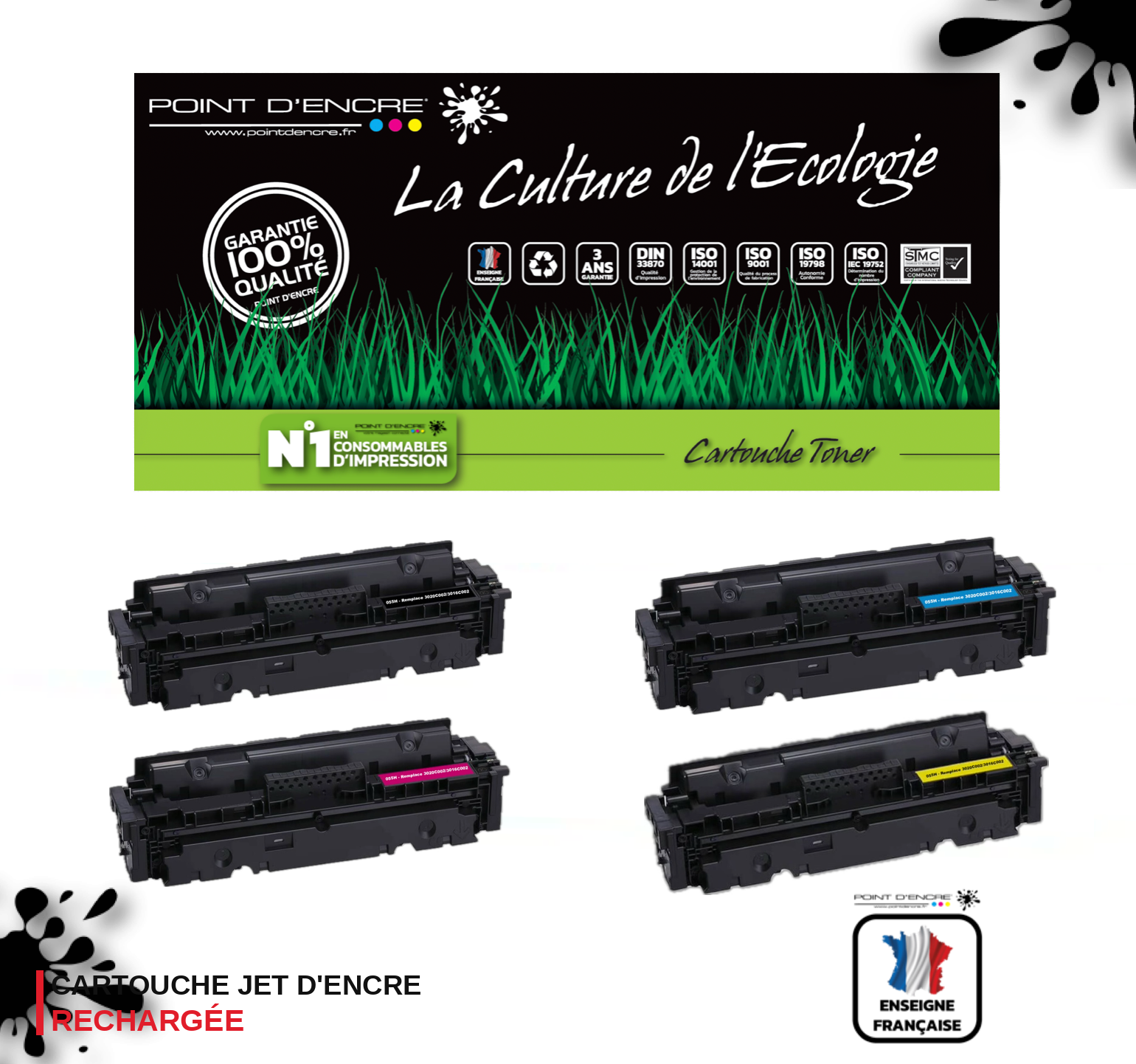 067H / 067 - 4 Cartouches NOIR / CYAN / MAGENTA / JAUNE - Grande capacité Marque Francaise POINT D'ENCRE pour Imprimantes compatibles Canon (clca)