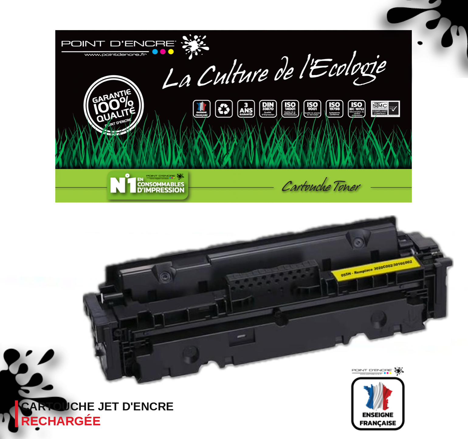 067H / 067 - JAUNE  - Grande capacité Marque Francaise POINT D'ENCRE pour Imprimantes compatibles Canon (clca)
