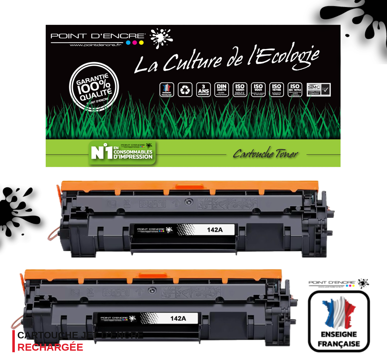 142A / W1420A - 2 X NOIR - Grande capacité Marque Francaise POINT D'ENCRE pour Imprimantes compatibles HP (clhp)