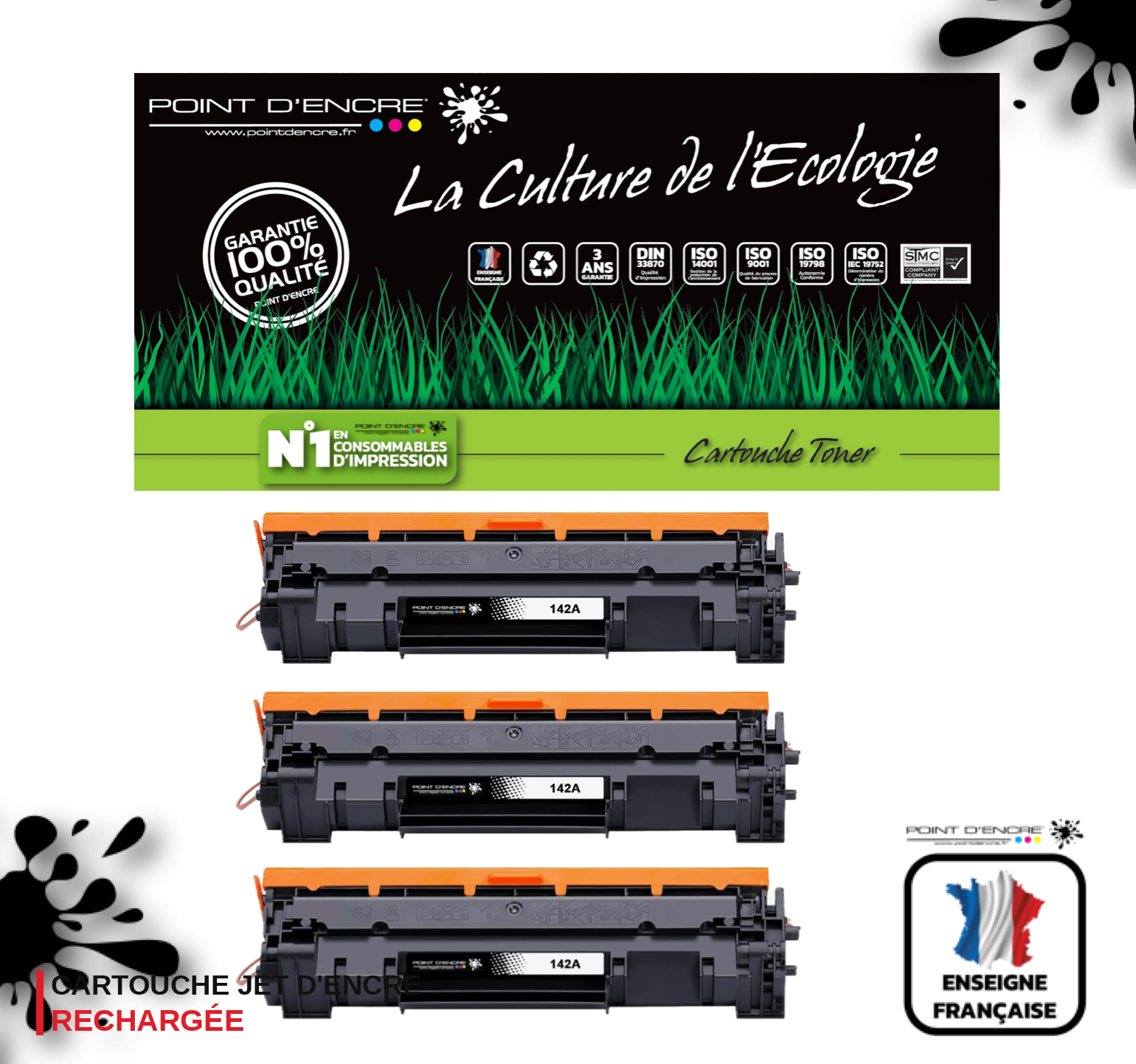 142A / W1420A - 3 X NOIR - Grande capacité Marque Francaise POINT D'ENCRE pour Imprimantes compatibles HP (clhp)