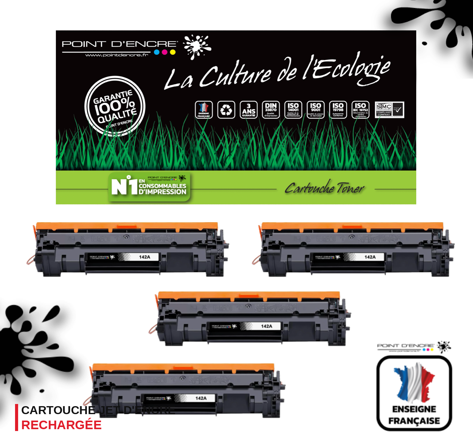 142A / W1420A - 4 X NOIR - Grande capacité Marque Francaise POINT D'ENCRE pour Imprimantes compatibles HP (clhp)