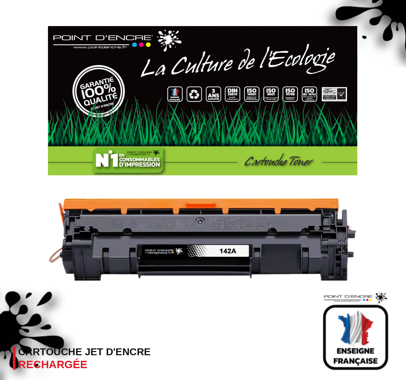 142A / W1420A - NOIR - Grande capacité Marque Francaise POINT D'ENCRE pour Imprimantes compatibles HP (clhp)