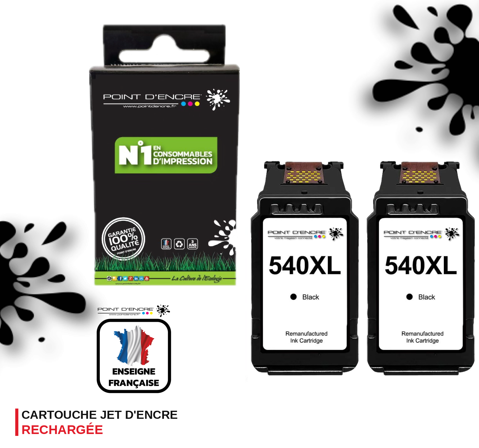 2 X PG-540XL - 2 X NOIR - 5222B005 / PG-540 XL - Grande capacité de Marque Française POINT D'ENCRE - Pour imprimante compatible CANON (cec)