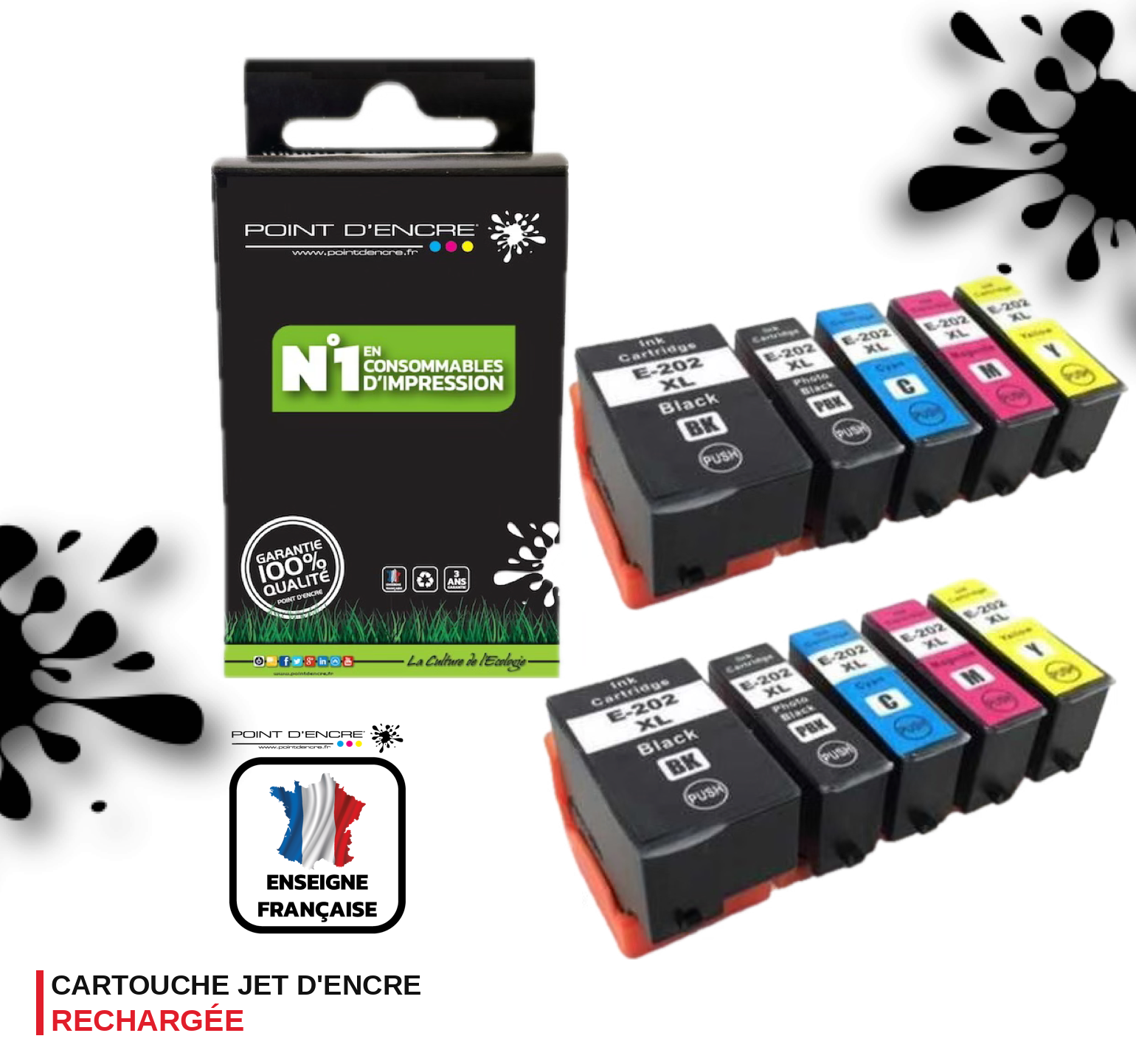 202XL - Kiwi - C13T02G74010 - 2 X Pack de 5 Cartouches D'encre Noir/ Cyan/ Magenta/ Jaune - Grande capacité de Marque Francaise POINT D'ENCRE Pour imprimante compatible EPSON (eep)