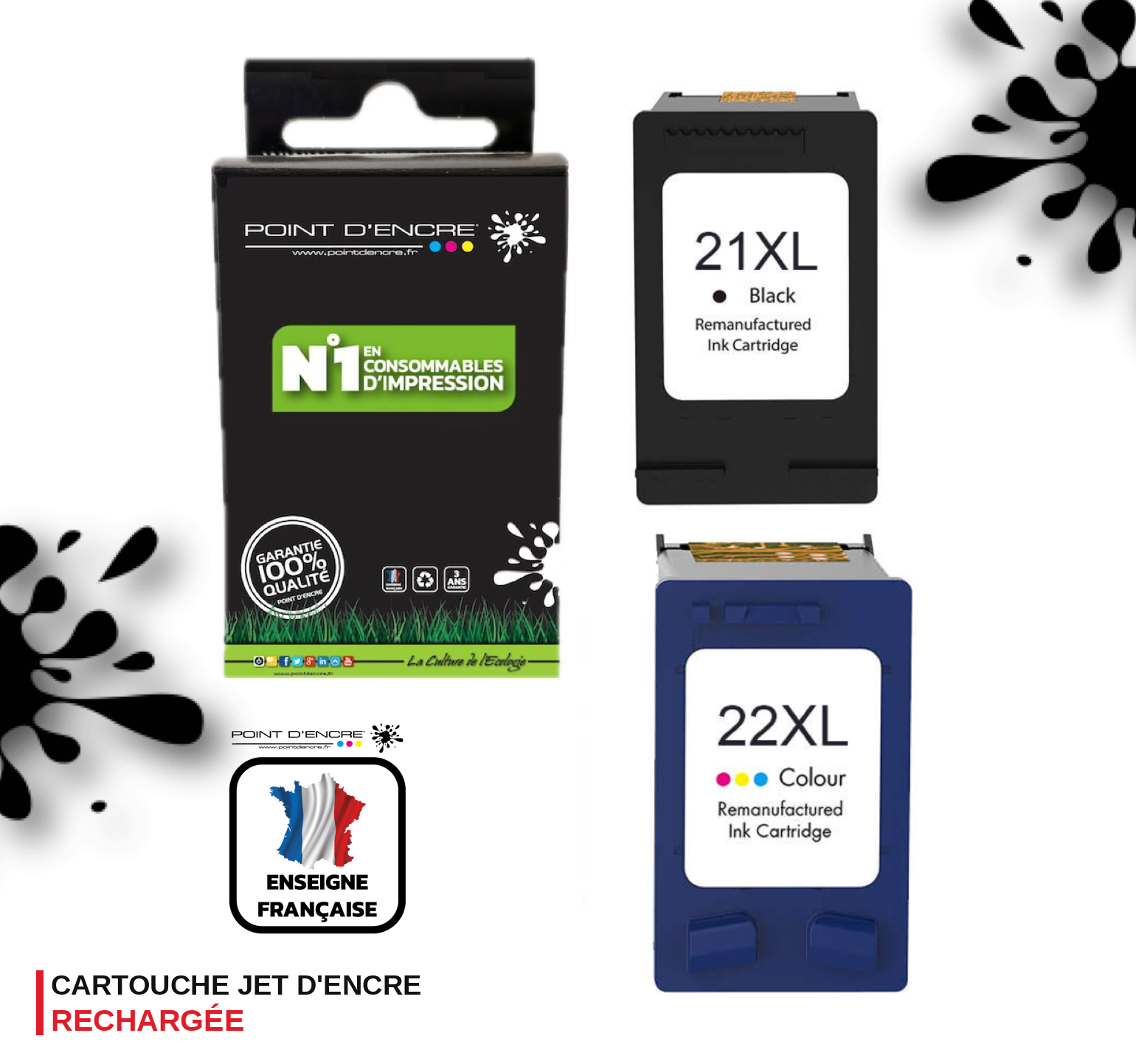 21XL / 22XL  - NOIR / COULEUR - Grande capacité de Marque Française POINT D'ENCRE - Pour imprimante compatible HP (cehp)