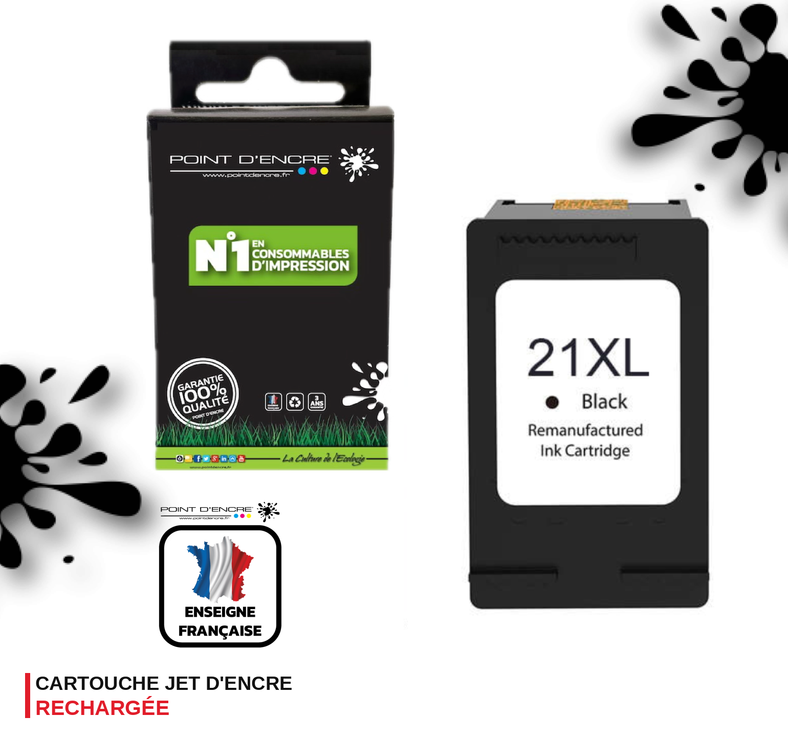 21XL - NOIR - Grande capacité de Marque Française POINT D'ENCRE - Pour imprimante compatible HP (cehp)