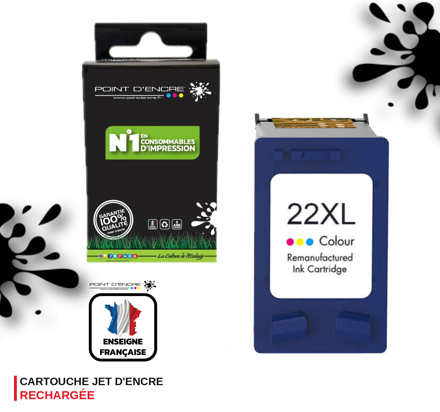 22XL - COULEUR - Grande capacité de Marque Française POINT D'ENCRE - Pour imprimante compatible HP (cehp)
