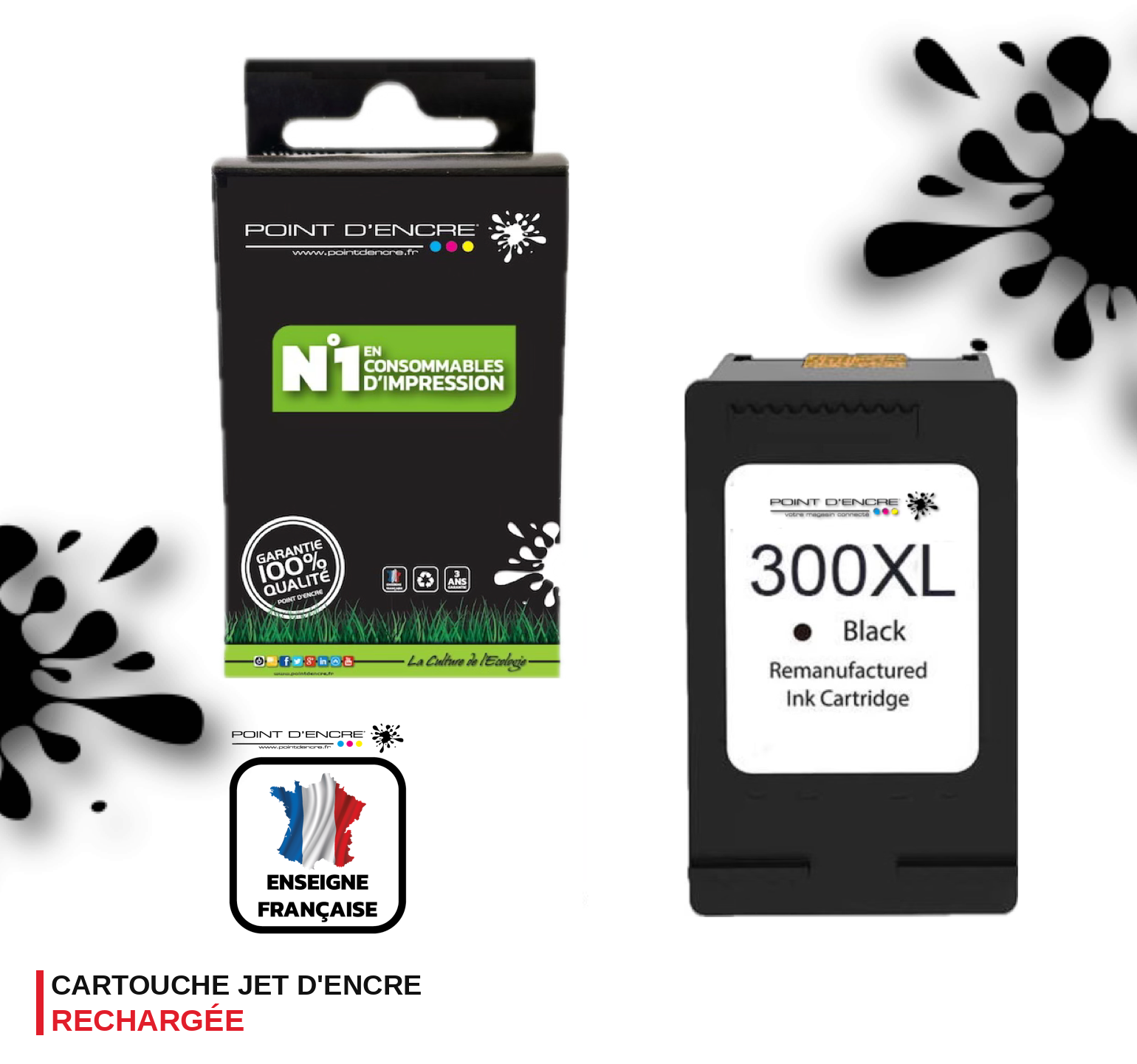 300XL - NOIR  - Grande capacité de Marque Francaise POINT D'ENCRE - Pour imprimante compatible HP (cehp)