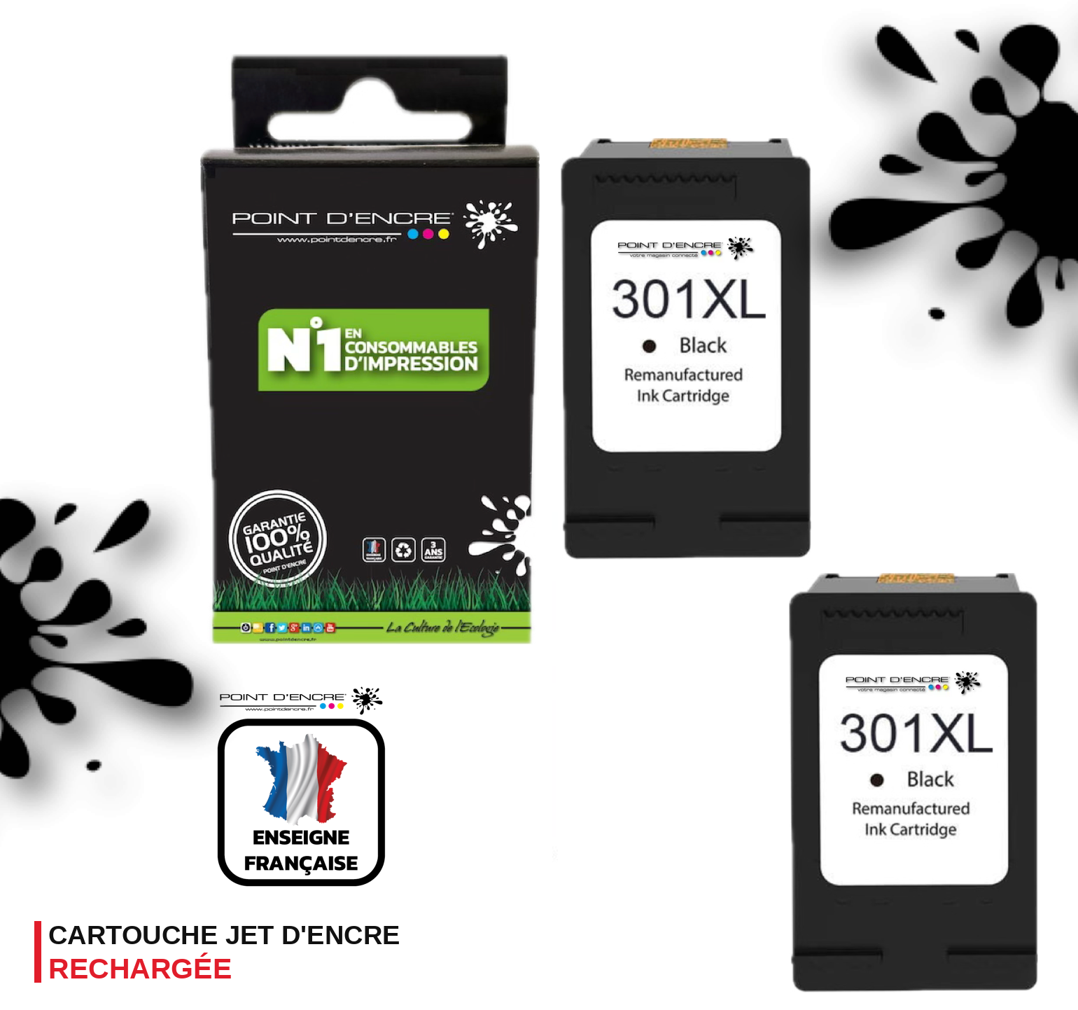 301XL / 301 - 2 X NOIR  - Grande capacité de Marque Francaise POINT D'ENCRE - Pour imprimante compatible HP (cehp)