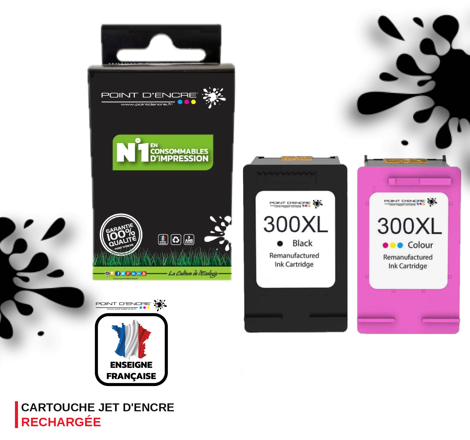 300XL - NOIR / COULEUR - Grande capacité de Marque Francaise POINT D'ENCRE - Pour imprimante compatible HP (cehp)