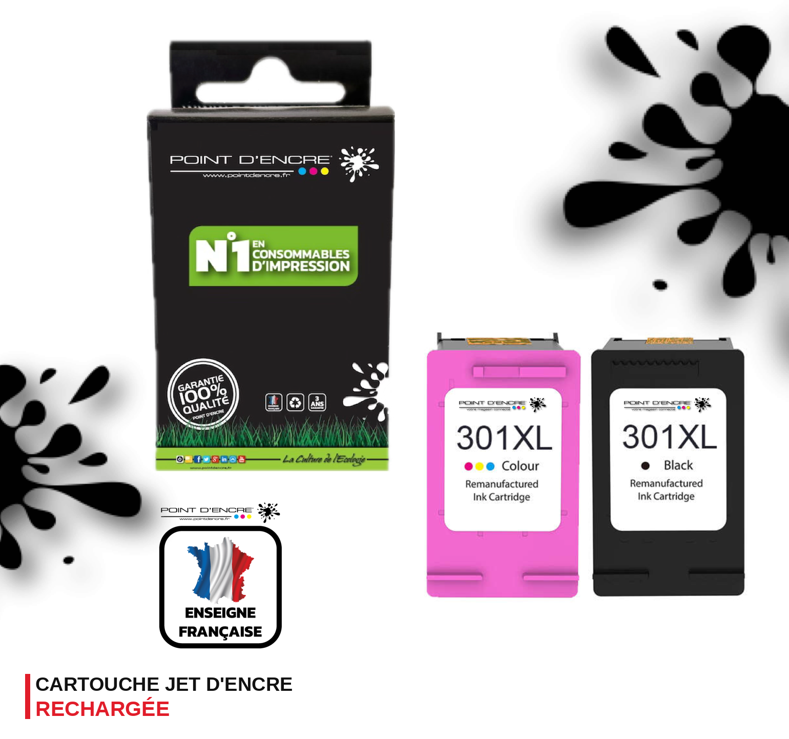 301XL / 301 - NOIR & COULEUR - Grande capacité de Marque Francaise POINT D'ENCRE - Pour imprimante compatible HP (cehp)