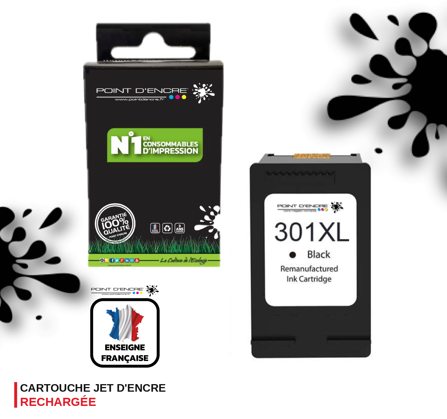 301XL / 301 - NOIR  - Grande capacité de Marque Francaise POINT D'ENCRE - Pour imprimante compatible HP (cehp)