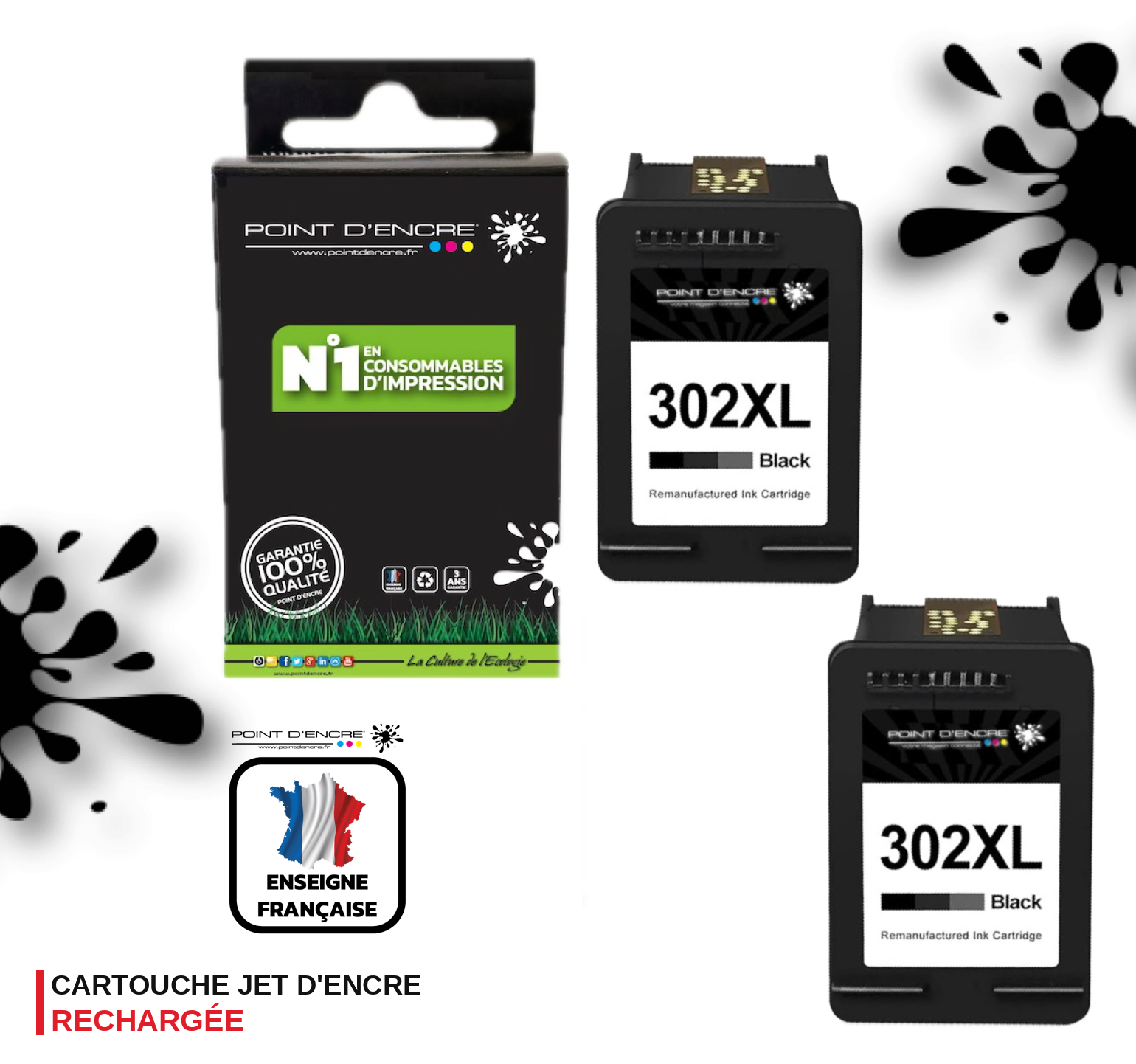 302XL / 302 - 2 X NOIR - Grande capacité de Marque Francaise POINT D'ENCRE - Pour imprimante compatible HP (cehp)