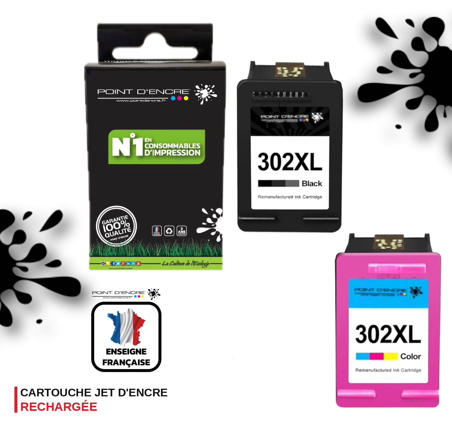 302XL / 302 - NOIR & COULEUR - Grande capacité de Marque Francaise POINT D'ENCRE - Pour imprimante compatible HP (cehp)