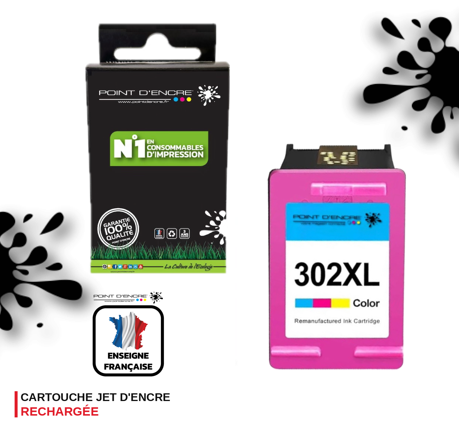 302XL / 302 - COULEUR - Grande capacité de Marque Francaise POINT D'ENCRE - Pour imprimante compatible HP (cehp)