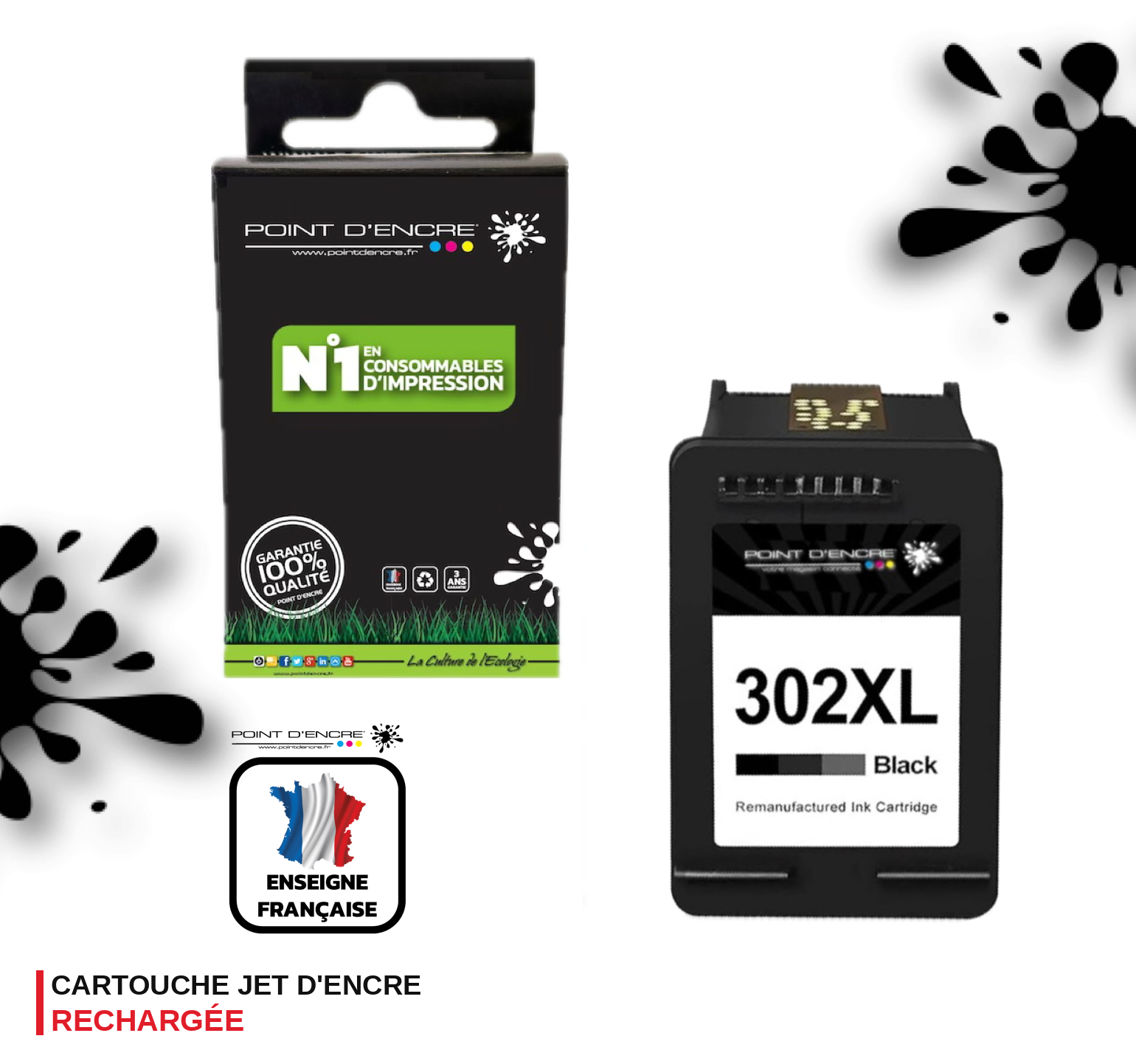 302XL / 302 - NOIR  - Grande capacité de Marque Francaise POINT D'ENCRE - Pour imprimante compatible HP (cehp)