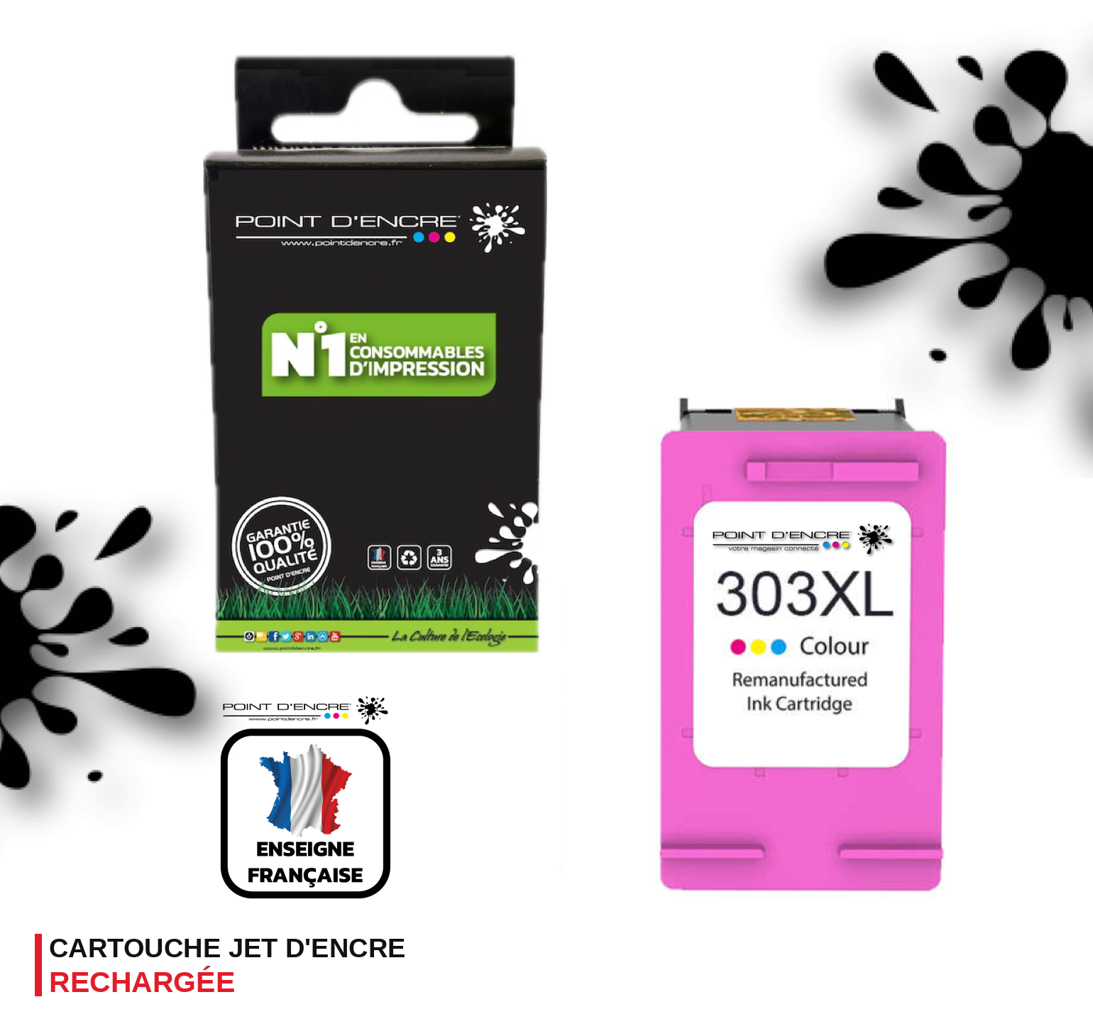 303XL / 303 - COULEUR - Grande capacité de Marque Francaise POINT D'ENCRE - Pour imprimante compatible HP (cehp)
