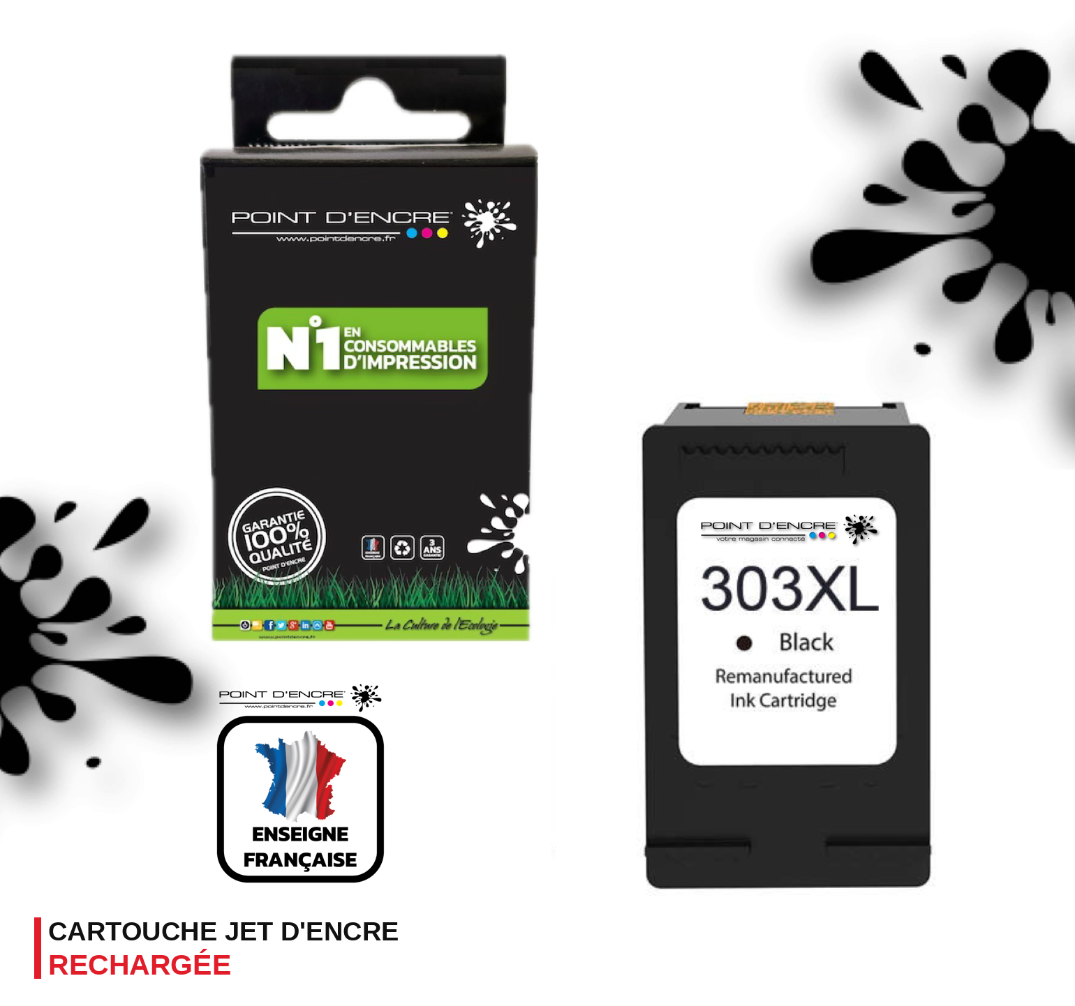 303XL / 303 - NOIR - Grande capacité de Marque Francaise POINT D'ENCRE - Pour imprimante compatible HP (cehp)