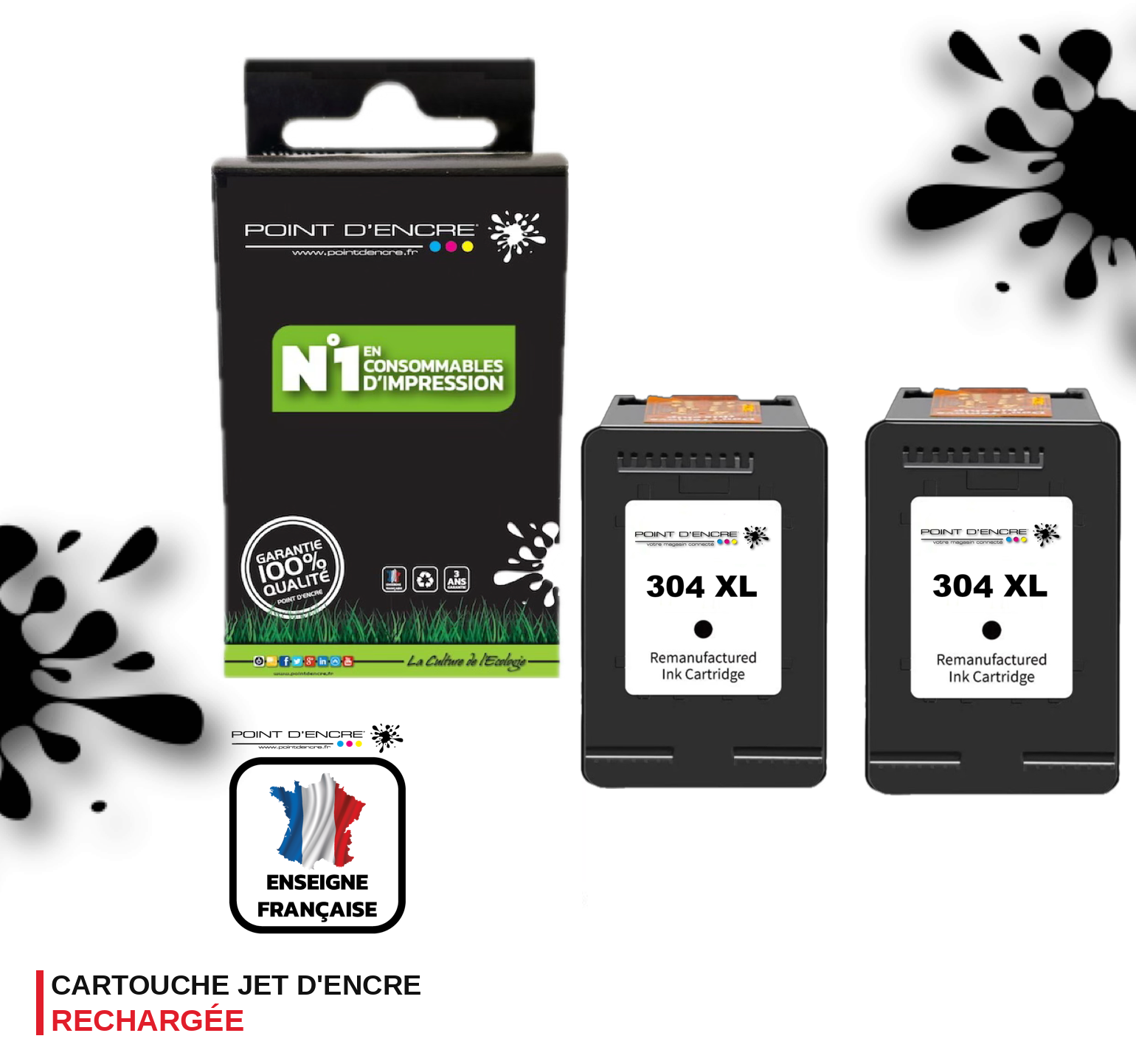 304XL / 304 - 2 X NOIR  - Grande capacité de Marque Francaise POINT D'ENCRE - Pour imprimante compatible HP (cehp)