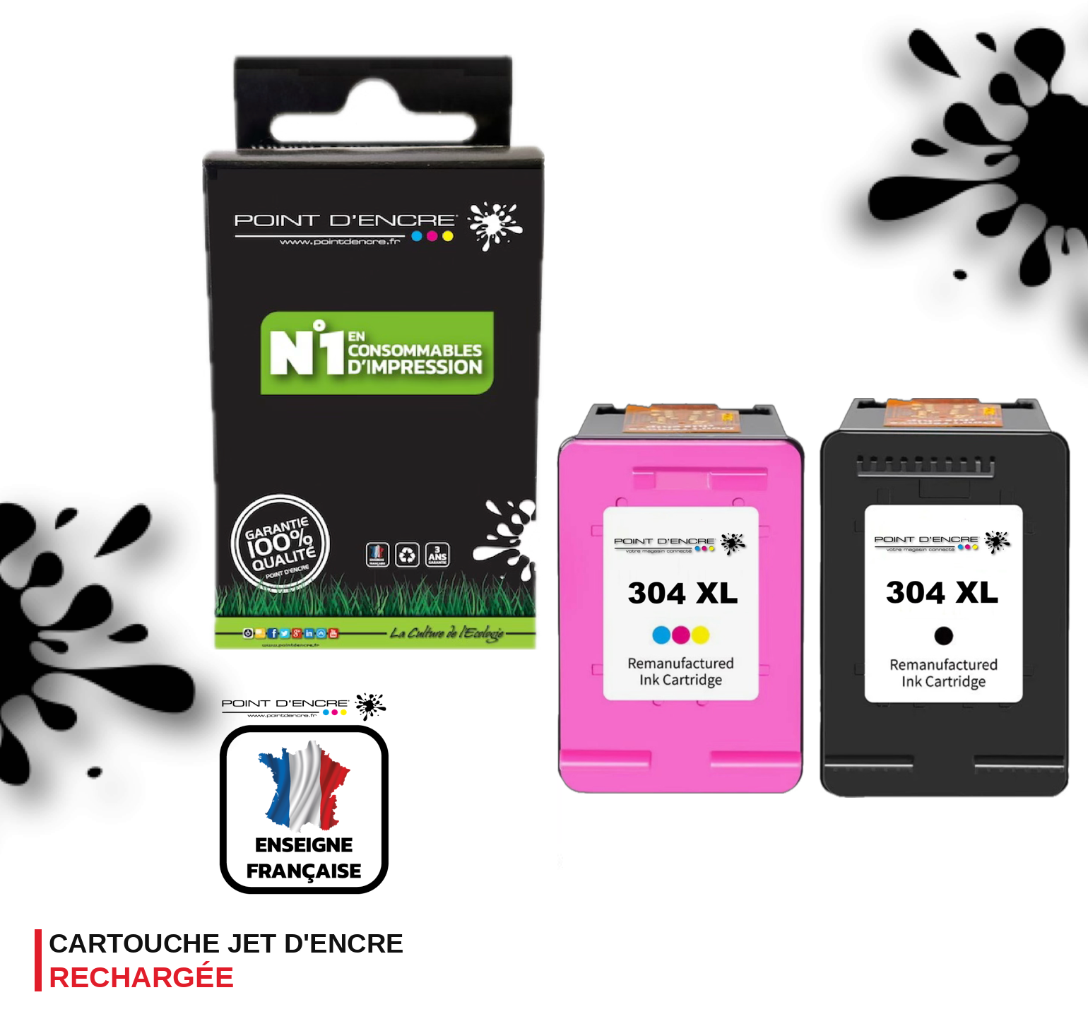 304XL / 304 - NOIR & COULEUR - Grande capacité de Marque Francaise POINT D'ENCRE - Pour imprimante compatible HP (cehp)