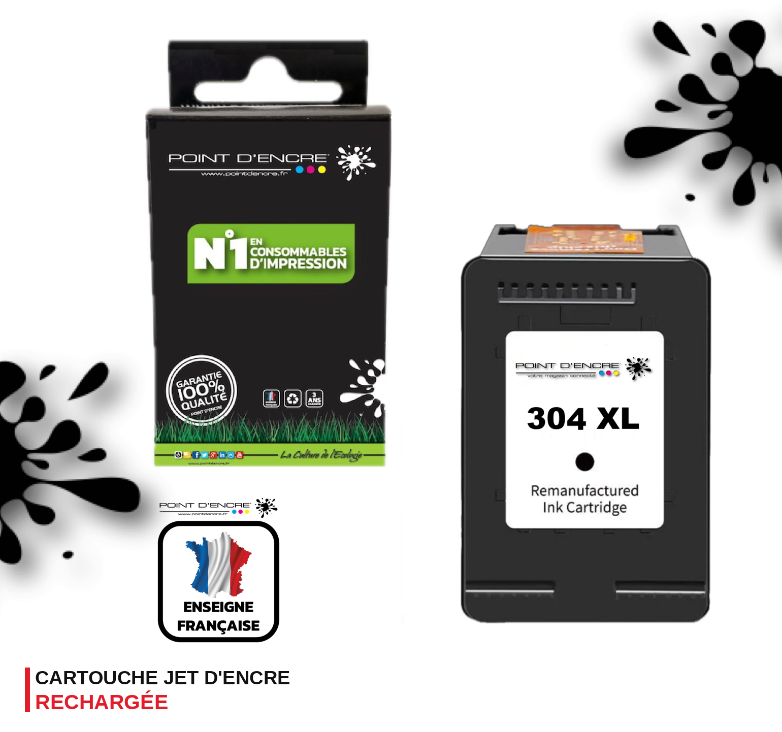 304XL / 304 - NOIR  - Grande capacité de Marque Francaise POINT D'ENCRE - Pour imprimante compatible HP (cehp)