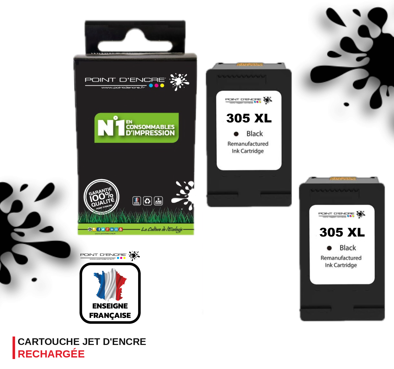 305XL / 305 - 2 X NOIR - Grande capacité de Marque Francaise POINT D'ENCRE - Pour imprimante compatible HP (cehp)