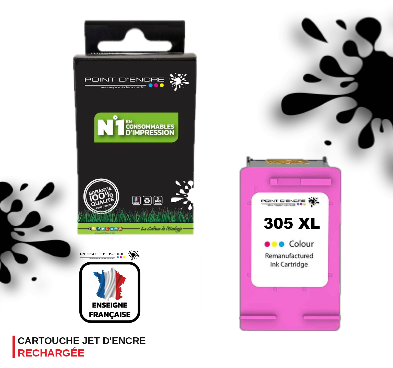 305XL / 305 - COULEUR - Grande capacité de Marque Francaise POINT D'ENCRE - Pour imprimante compatible HP (cehp)