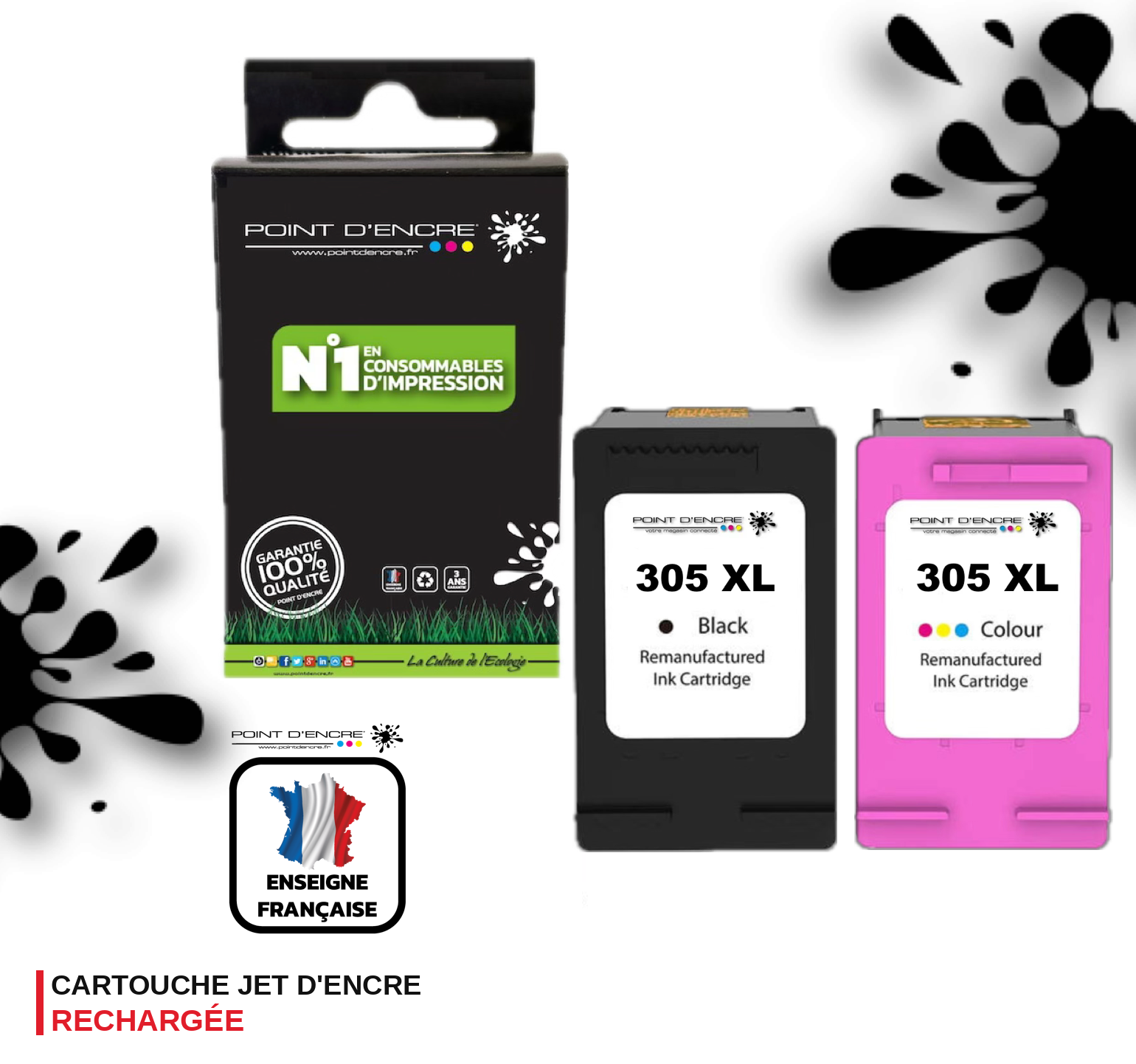 305XL / 305 - NOIR & COULEUR - Grande capacité de Marque Francaise POINT D'ENCRE - Pour imprimante compatible HP (cehp)
