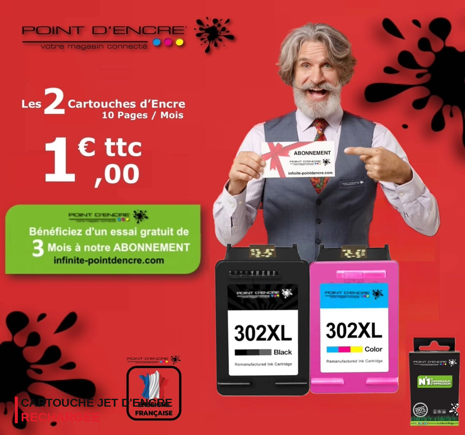 302XL / 302 - Abonnement  - Cartouches NOIR & COULEUR Grande capacité de Marque Francaise POINT D'ENCRE - Pour imprimante compatible HP (cehp)