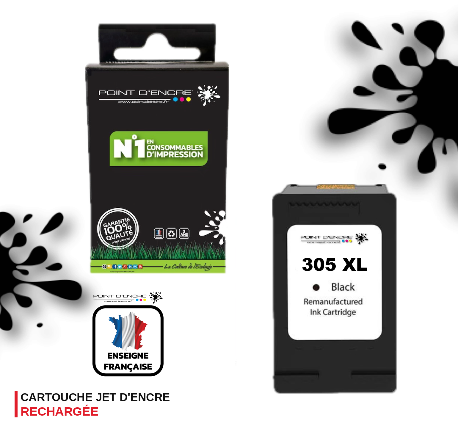 305XL / 305 - NOIR - Grande capacité de Marque Francaise POINT D'ENCRE - Pour imprimante compatible HP (cehp)