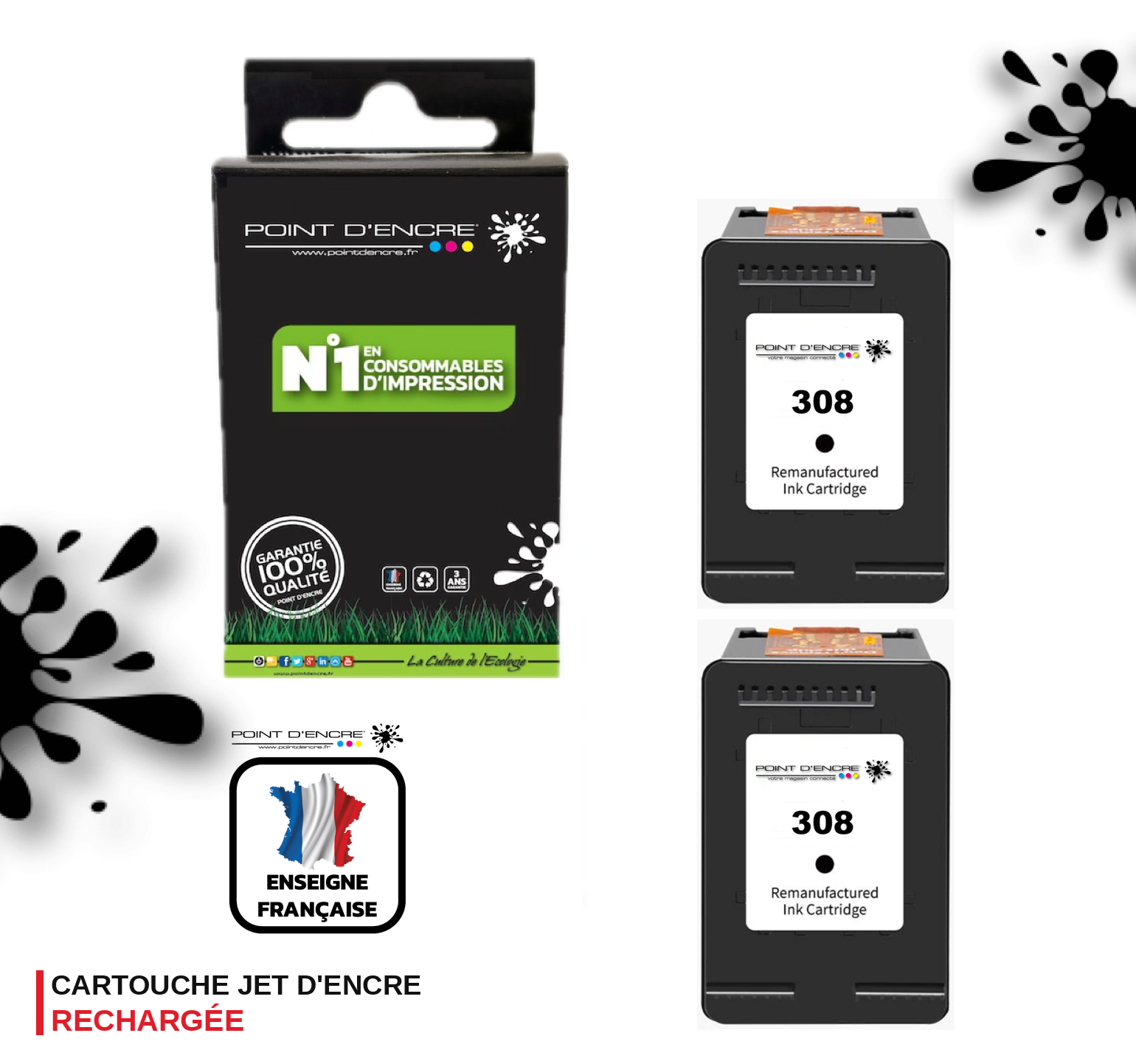 308 - 2 X NOIR  - 7FP21UE - Grande capacité de Marque Francaise POINT D'ENCRE - Pour imprimante compatible HP (cehp)