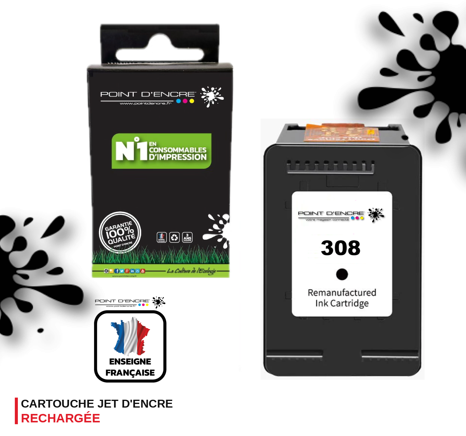 308 - NOIR  - 7FP21UE -  Grande capacité de Marque Francaise POINT D'ENCRE - Pour imprimante compatible HP (cehp)