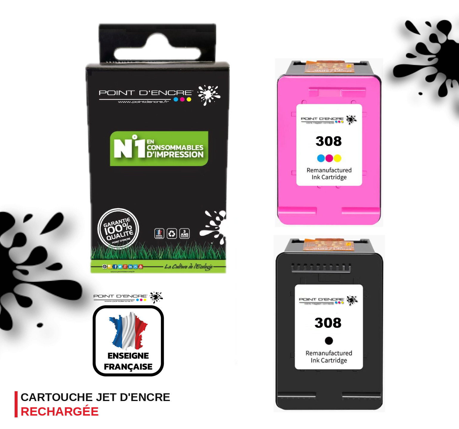 308 - NOIR & COULEUR - 6L6S6UE Grande capacité de Marque Francaise POINT D'ENCRE - Pour imprimante compatible HP (cehp)