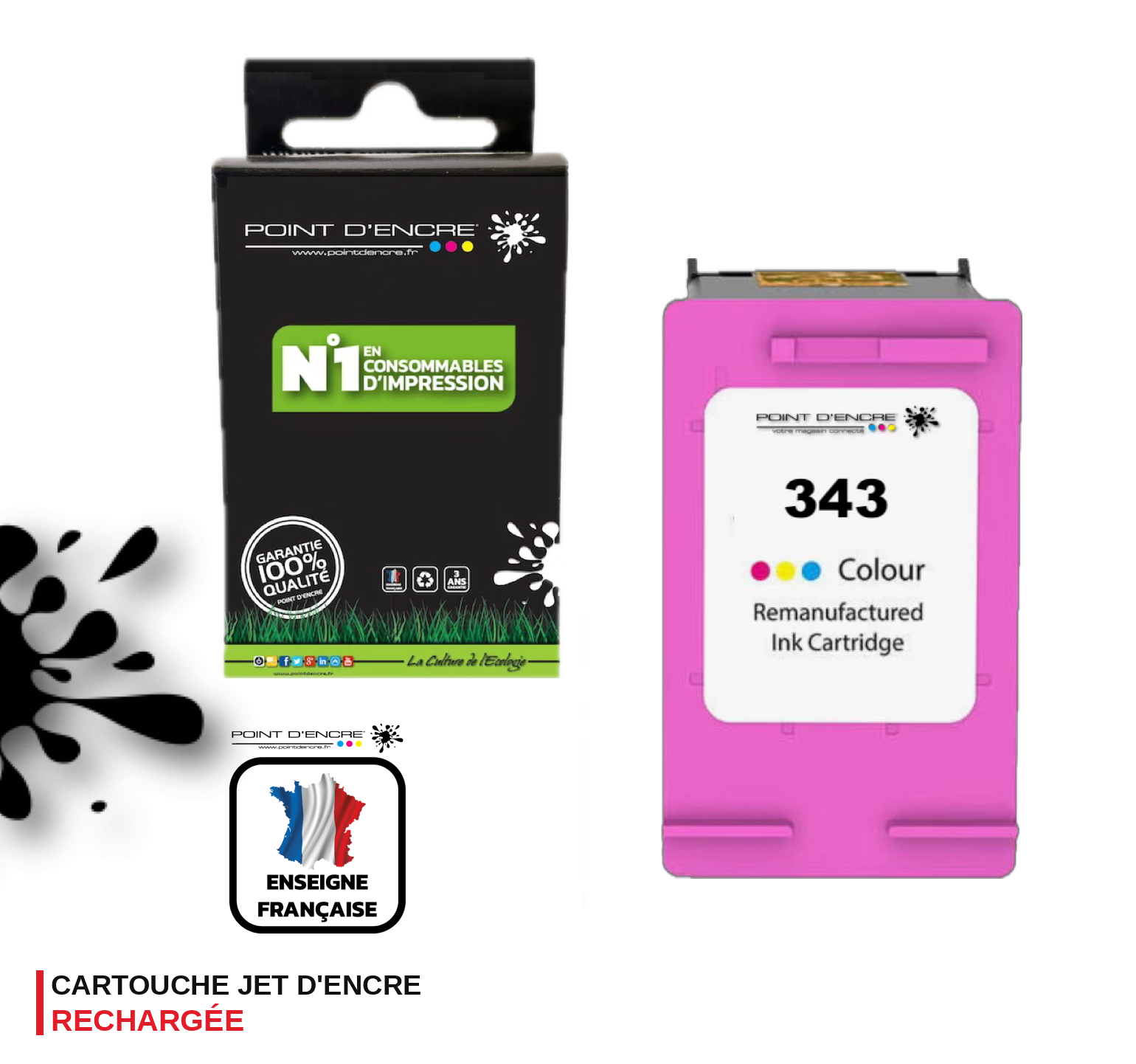 343 - COULEUR - Grande capacité de Marque Francaise POINT D'ENCRE - Pour imprimante compatible HP (cehp)