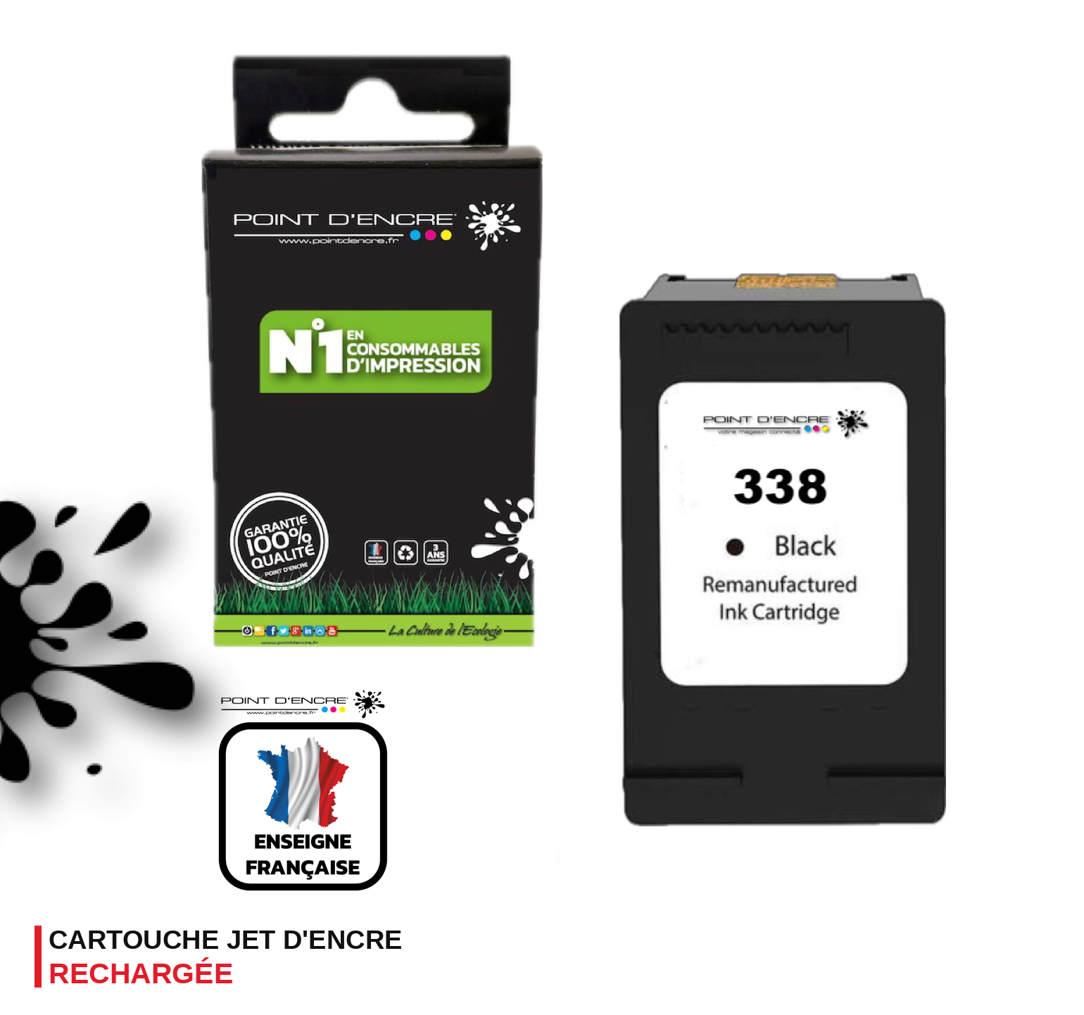 338 - NOIR  - Grande capacité de Marque Francaise POINT D'ENCRE - Pour imprimante compatible HP (cehp)