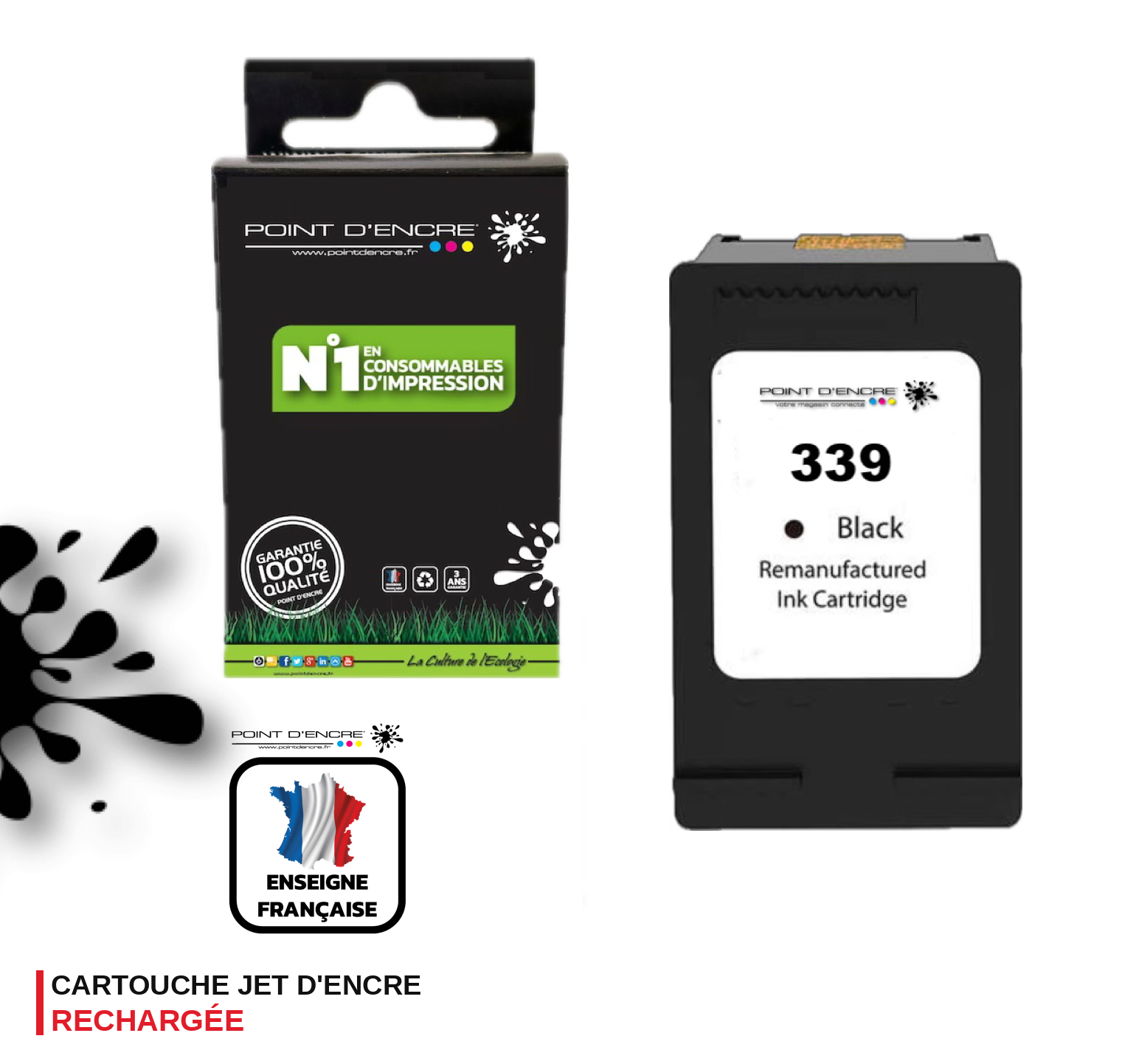 339 - NOIR  - Grande capacité de Marque Francaise POINT D'ENCRE - Pour imprimante compatible HP (cehp)