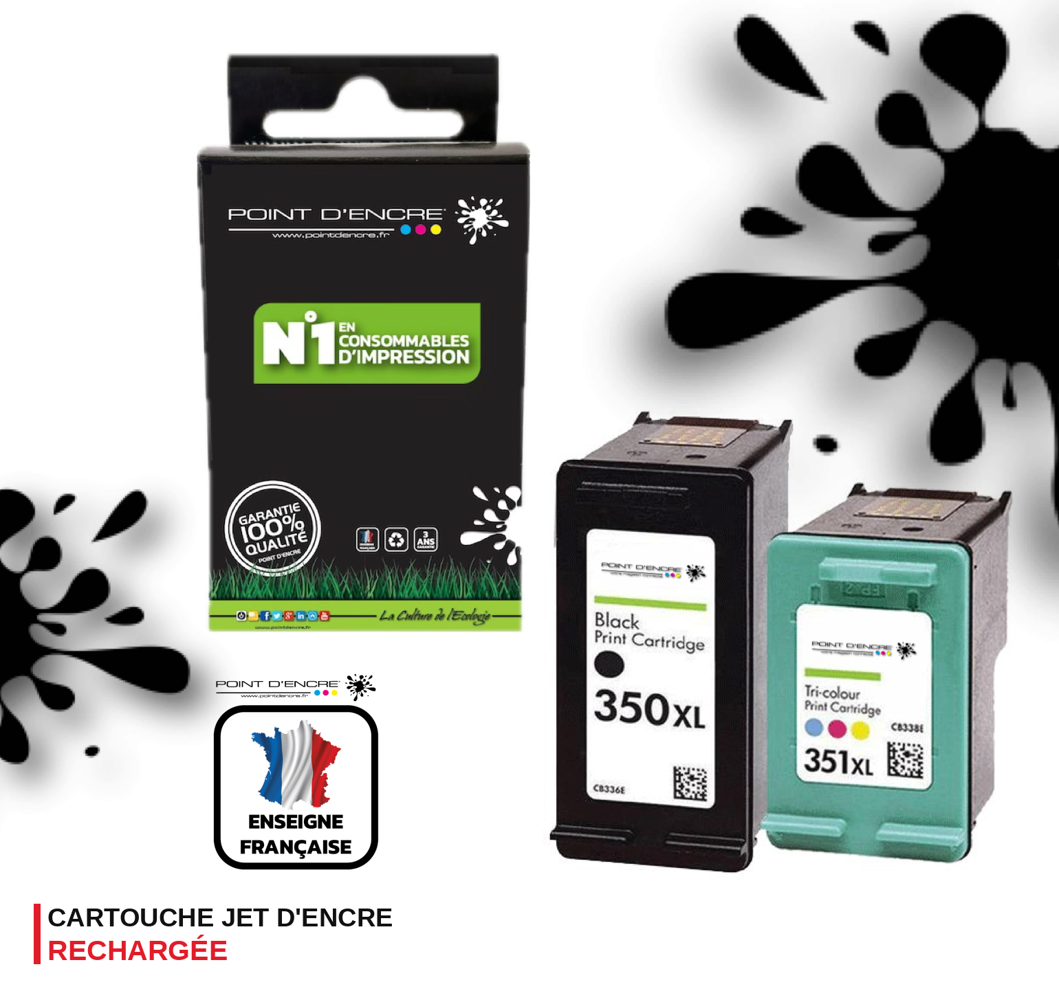 350XL / 351XL - NOIR / COULEUR - Grande capacité de Marque Francaise POINT D'ENCRE - Pour imprimante compatible HP (cehp)