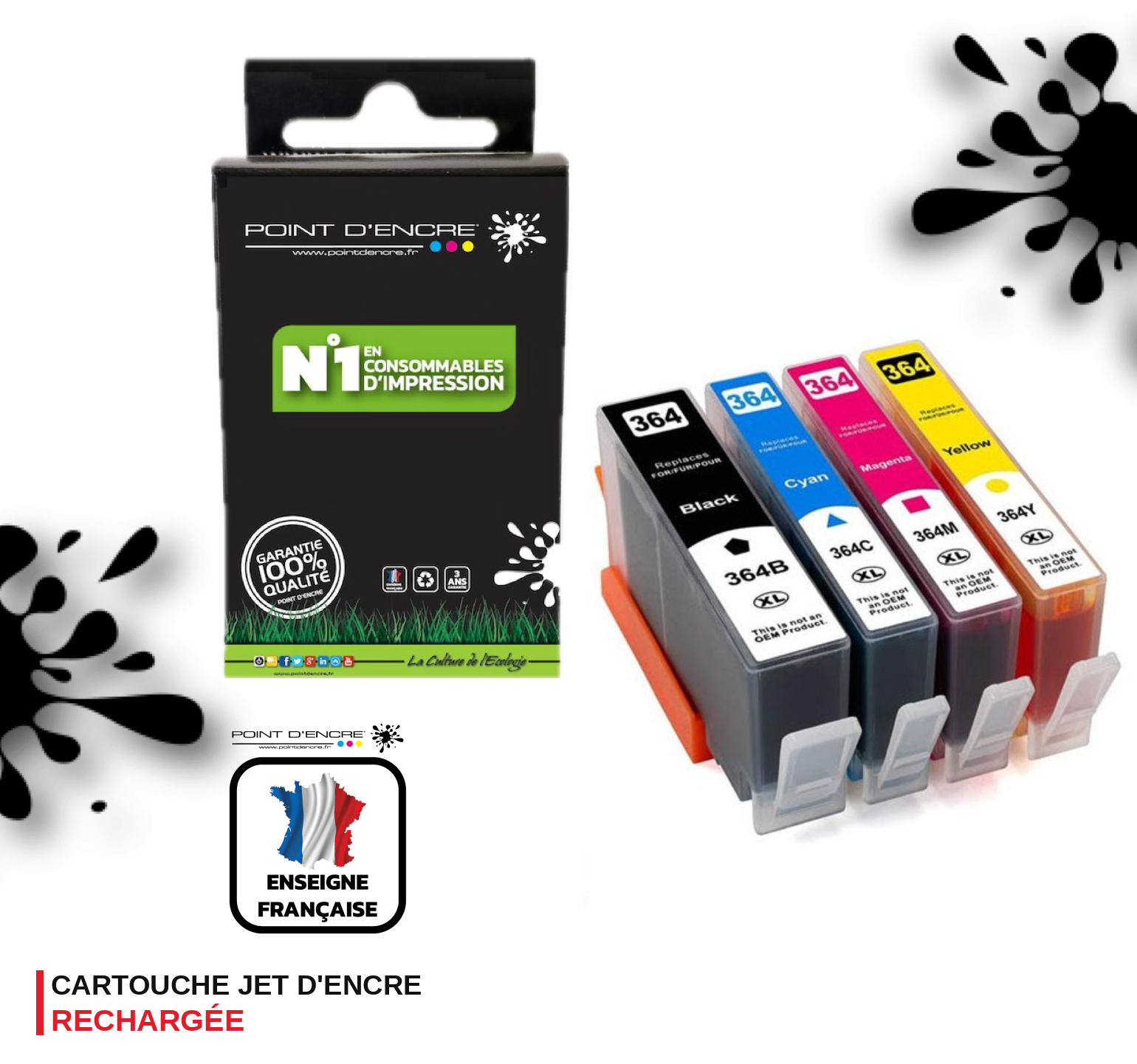 364XL - Pack de 4 Cartouches Noir/Cyan/Magenta/ Jaune Grande capacité de Marque Francaise POINT D'ENCRE Pour imprimante compatible HP (cehp)