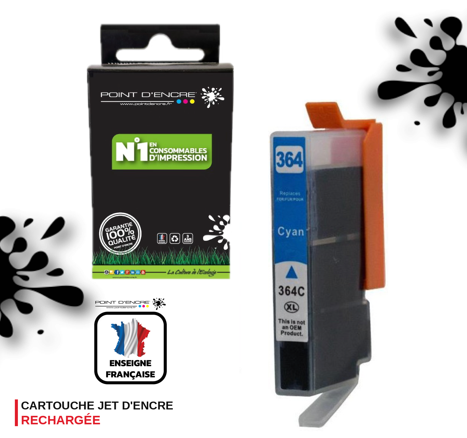 364XL - CYAN - Grande capacité de Marque Francaise POINT D'ENCRE Pour imprimante compatible HP (cehp)