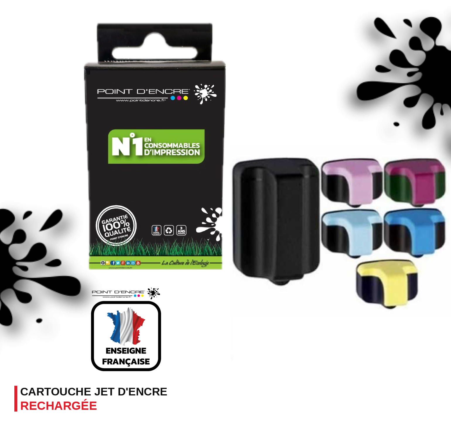 363XL - Pack de 4 Cartouches Noir/Cyan/Magenta/ Jaune Grande capacité de Marque Française POINT D'ENCRE Pour imprimante compatible HP (cehp)