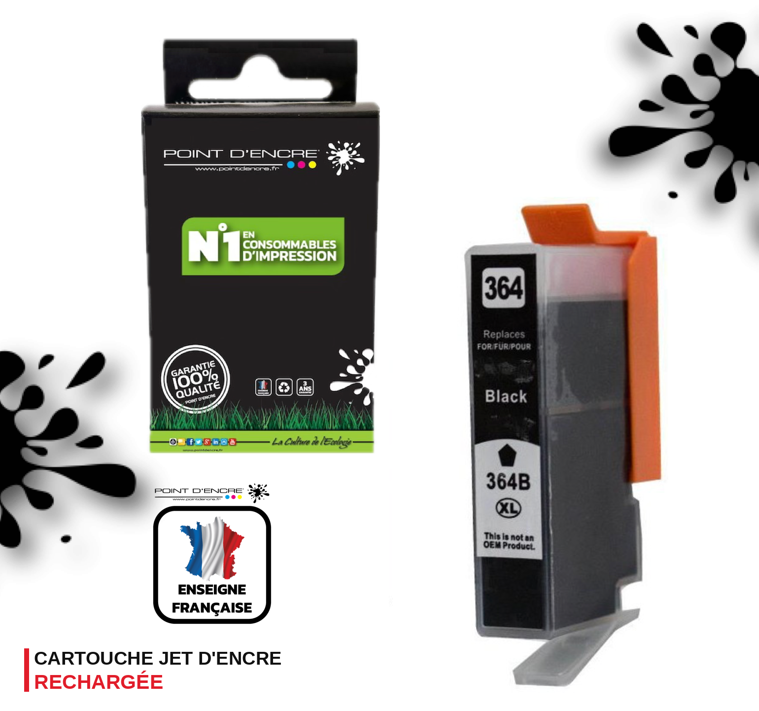 364XL - NOIR - Grande capacité de Marque Francaise POINT D'ENCRE Pour imprimante compatible HP (cehp)
