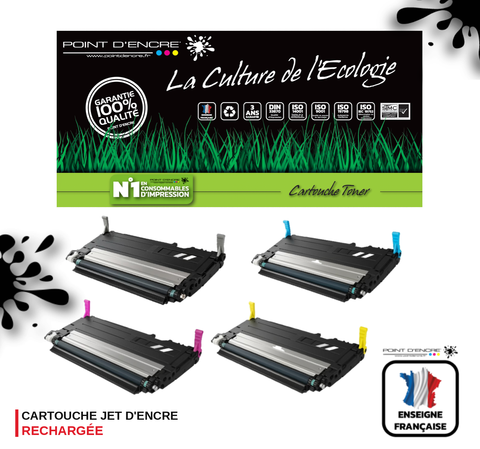 117A / NOIR / CYAN / MAGENTA / JAUNE - Grande capacité Marque Francaise POINT D'ENCRE pour Imprimantes compatibles HP (clhp) W2070A - W2071A -W2073A - W2072A