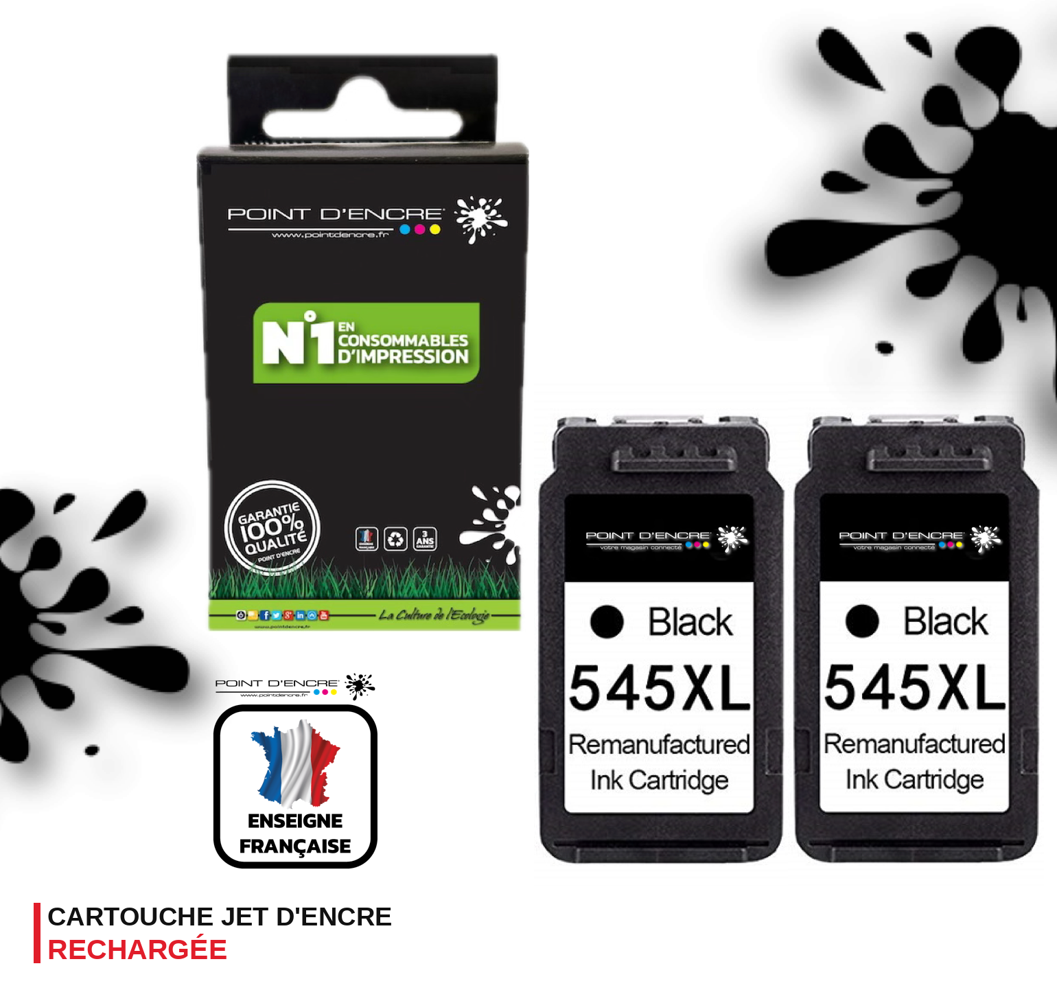 PG-545XL - 2 X NOIR - 8286B001 / 8287B001 - Grande capacité de Marque Francaise POINT D'ENCRE - Pour imprimante compatible CANON (cec)