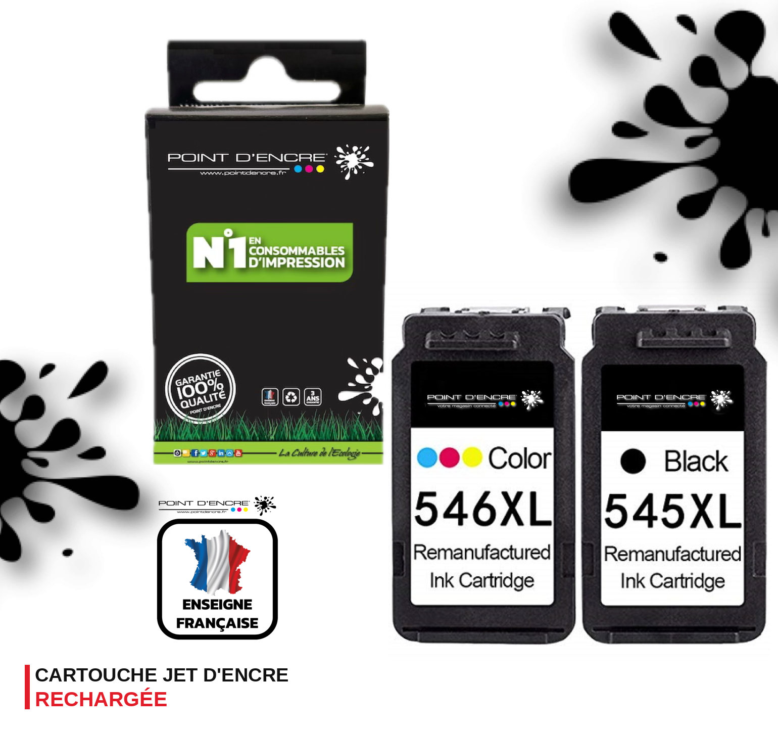 PG-545XL / CL-546XL - NOIR & COULEUR - 8286B011 / 8286B006 Grande capacité de Marque Francaise POINT D'ENCRE - Pour imprimante compatible CANON (cec)